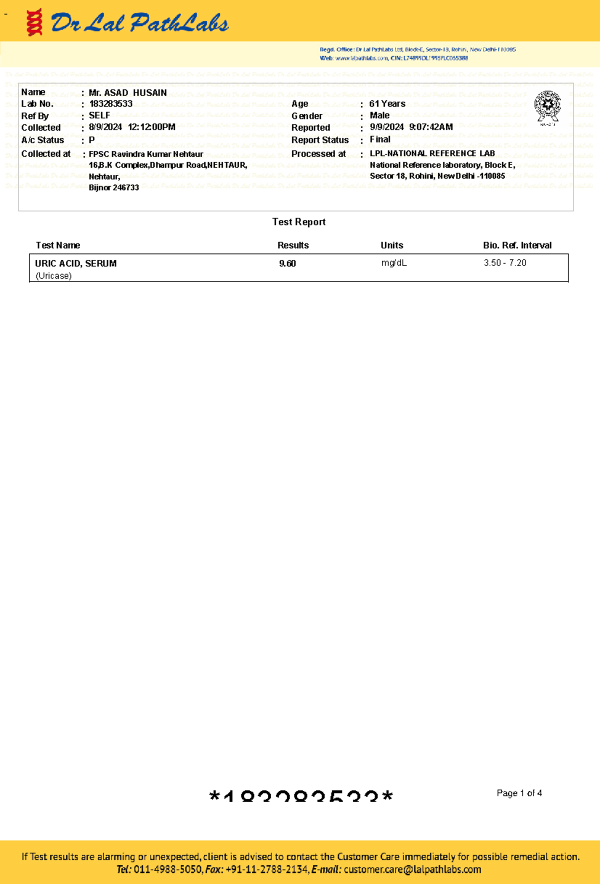 FPSC Lab Report: Uric Acid & Lipid Profile Analysis for Mr. Asad Husain ...