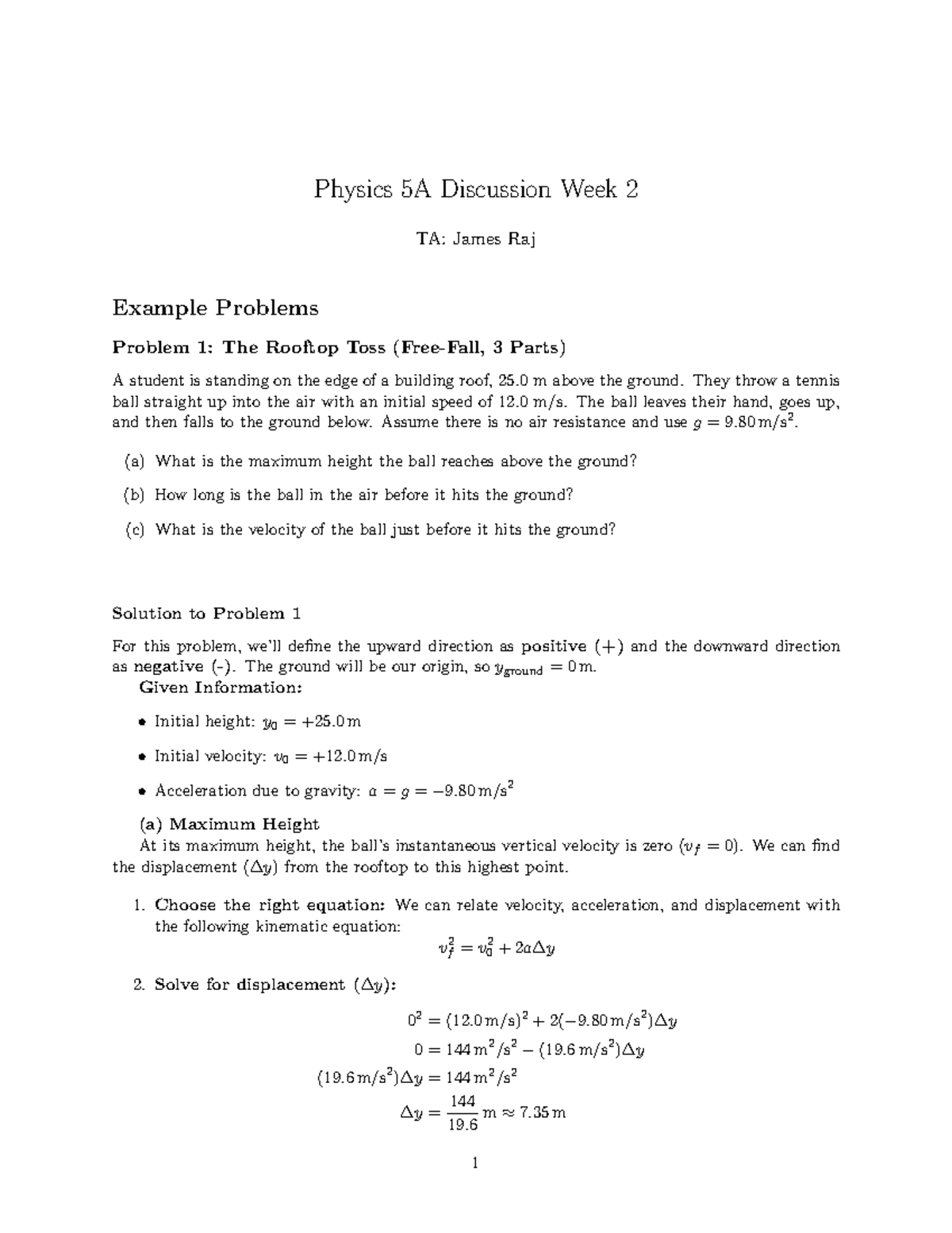 Physics 5A Week 2 Discussion Solutions by TA James Raj - Studocu