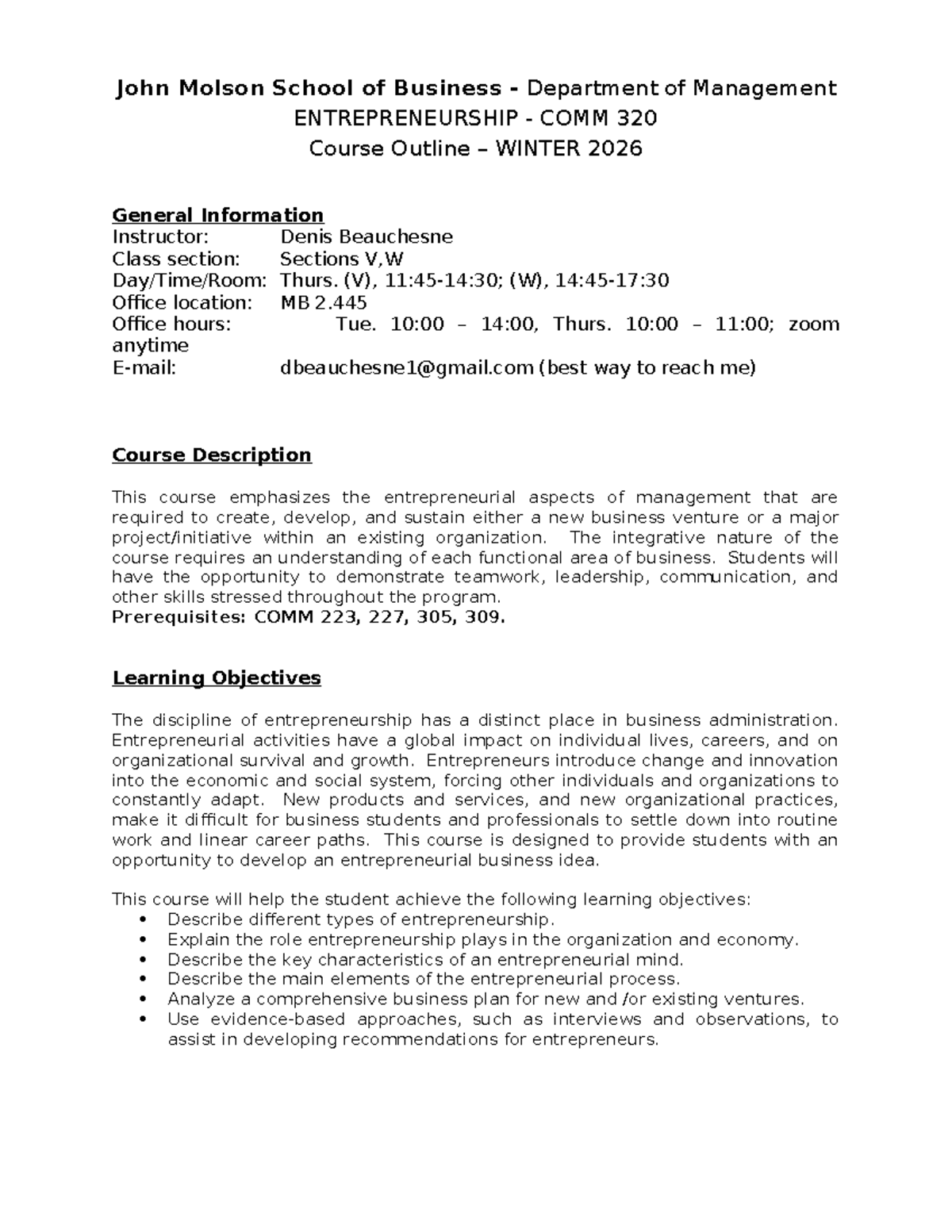 COMM 320 W26: Entrepreneurship Course Outline for Winter 2026 - Studocu