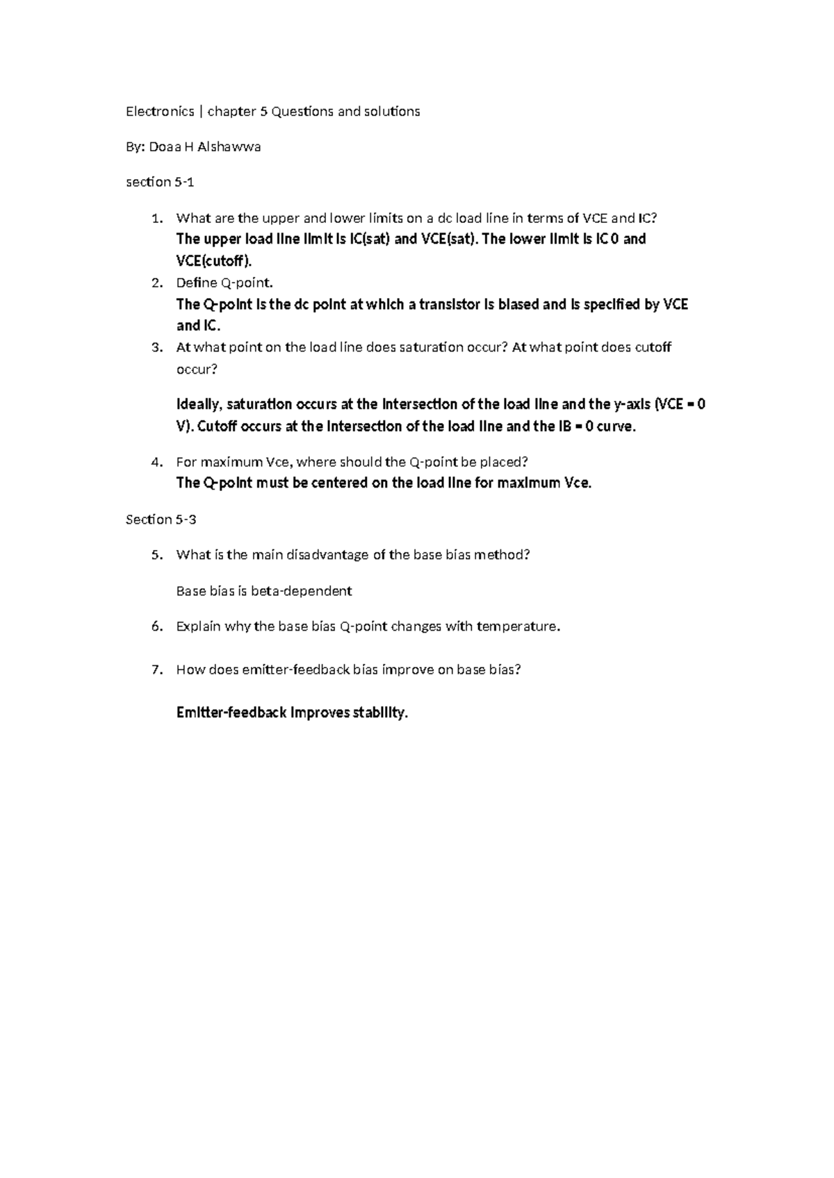 Electronics CH5: Questions & Solutions on DC Load Line Analysis - Studocu