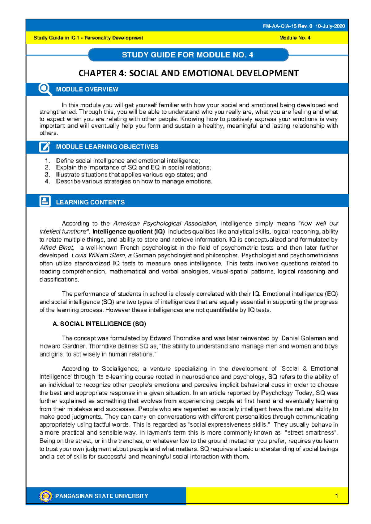 GEC10 Module 4 Study Guide: Social and Emotional Development - Studocu
