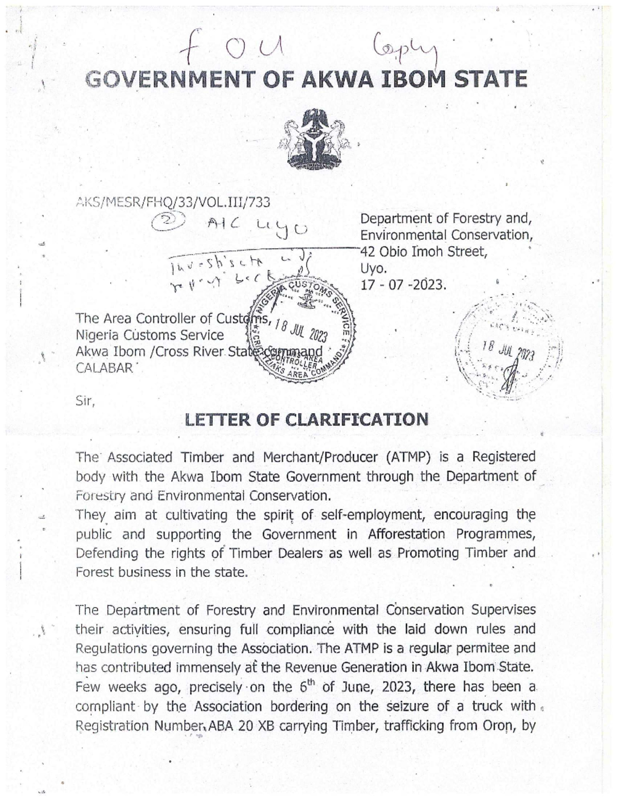 Clarification Letter on Timber Seizure - ATMP Report 2023 - Studocu
