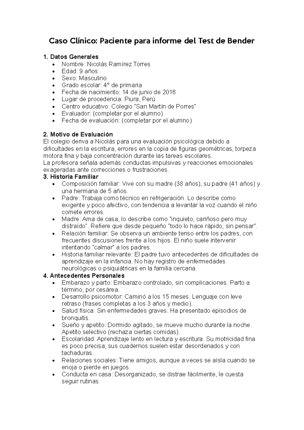 Caso Clínico: Evaluación Psicológica de Nicolás Ramírez - Test de ...