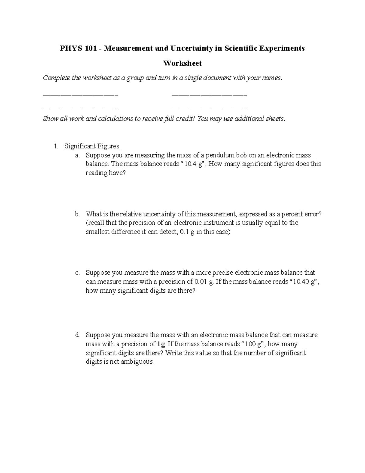 PHYS 101 Lab 1: Measurement & Uncertainty Worksheet - Studocu