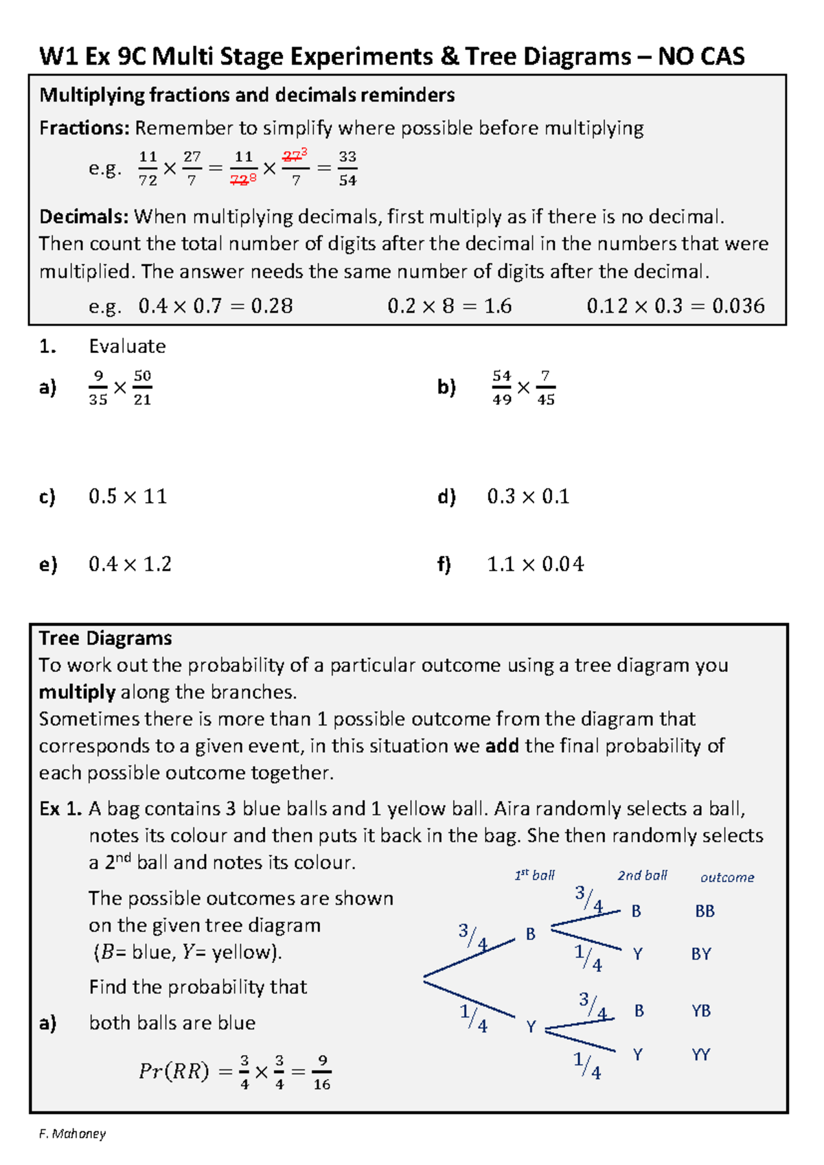 Probability Notes: Multi-Stage Experiments & Tree Diagrams (W1 Ex 9C ...