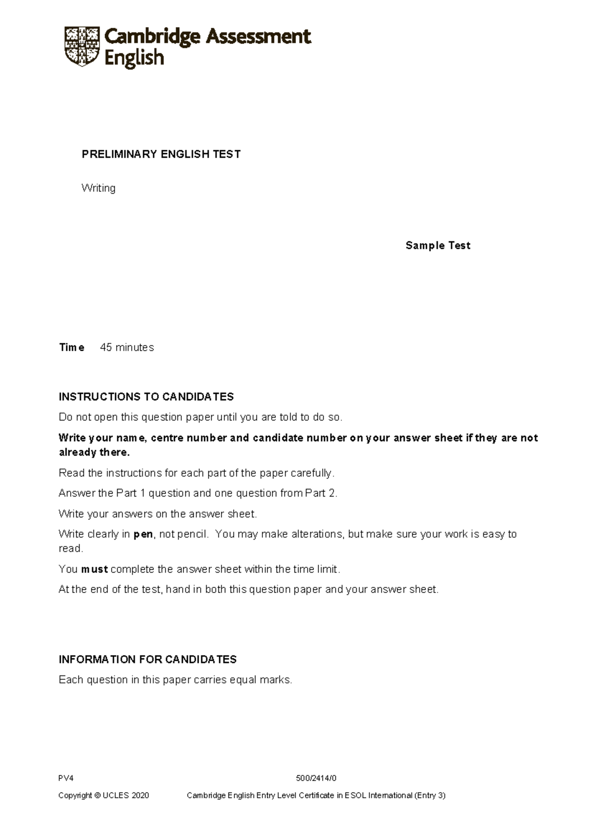 B1 Preliminary 2020 sample Writing - question paper Solution ...