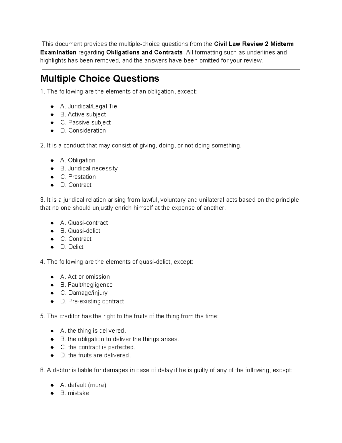 Civil Law Review 2 Midterm Exam Practice Quiz on Obligations and ...