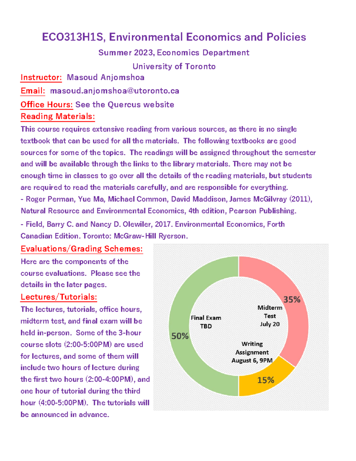 ECO313H1S 2023 Course Outline for Environmental Economics - Studocu