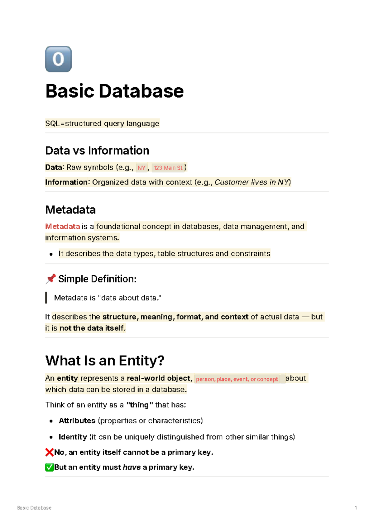 Basic Database Lecture 1: Data, Information, and Entities - Studocu