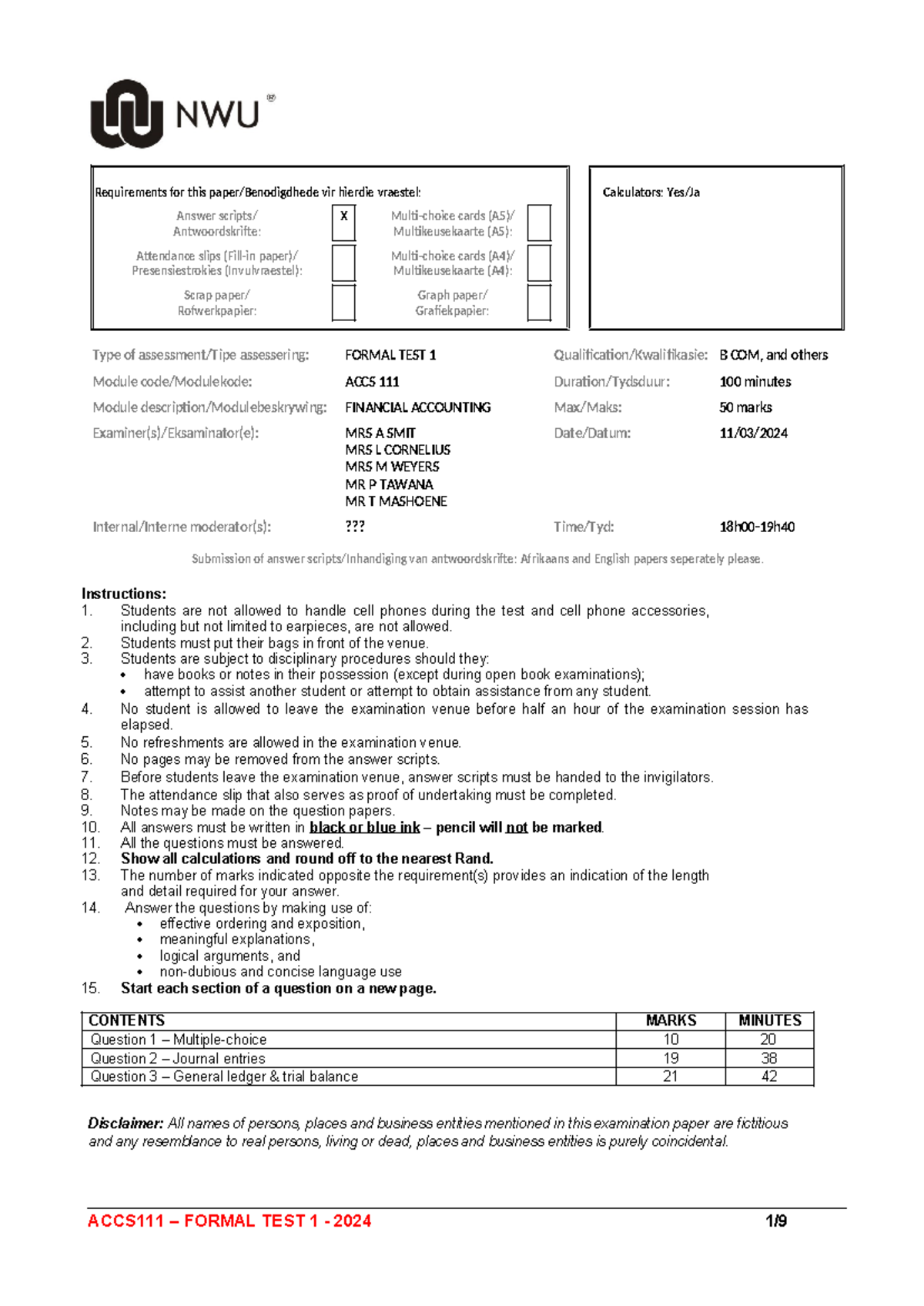 2024 ACCS111 Formal Test 1: Financial Accounting Overview and ...