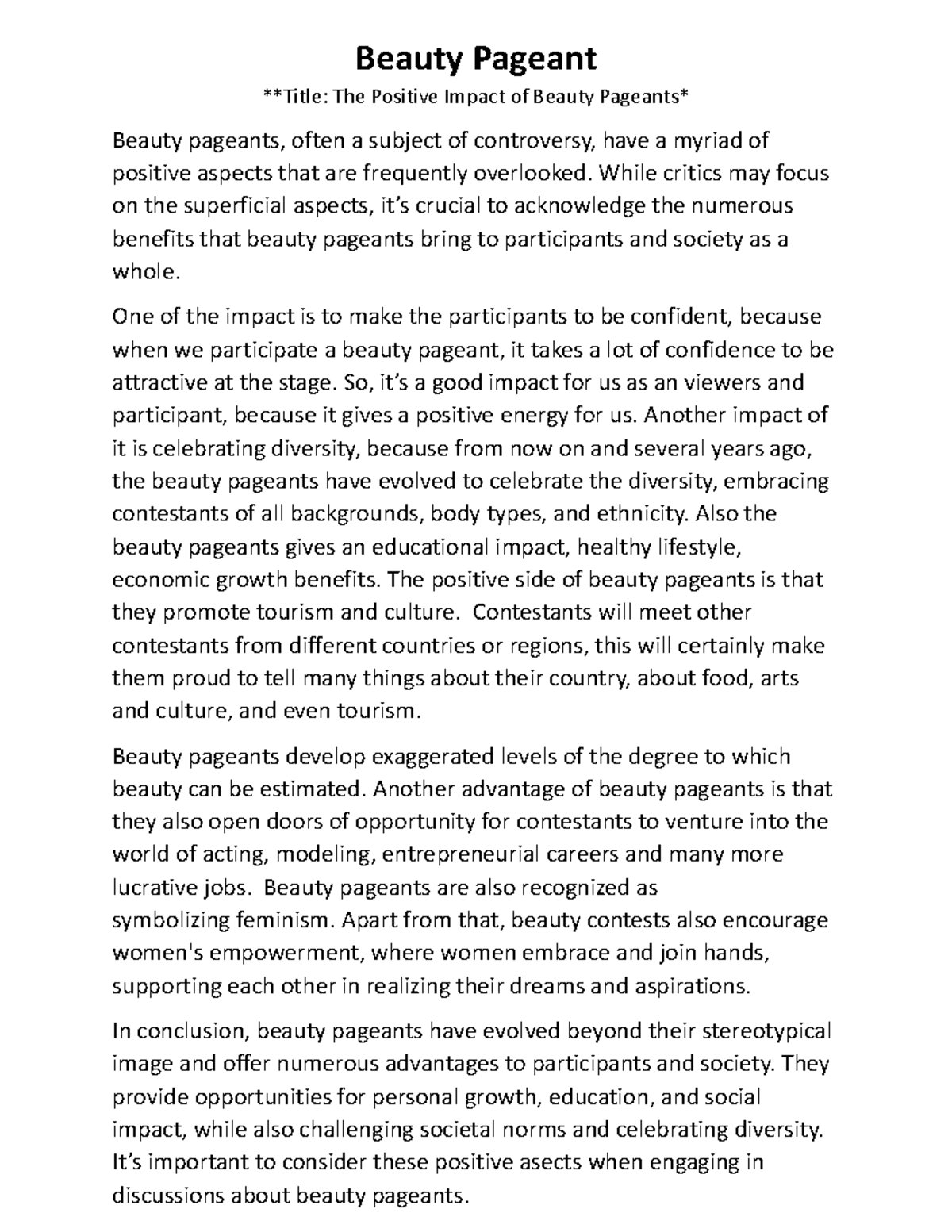 Positive Impacts of Beauty Pageants - TUGAS - Studocu