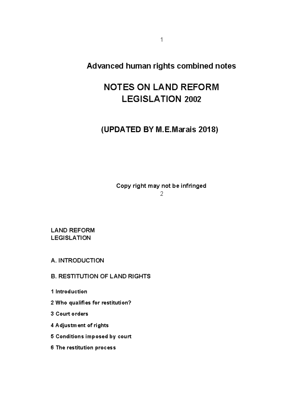 Advanced Human Rights (HRM 101): Comprehensive Notes on Land Reform ...