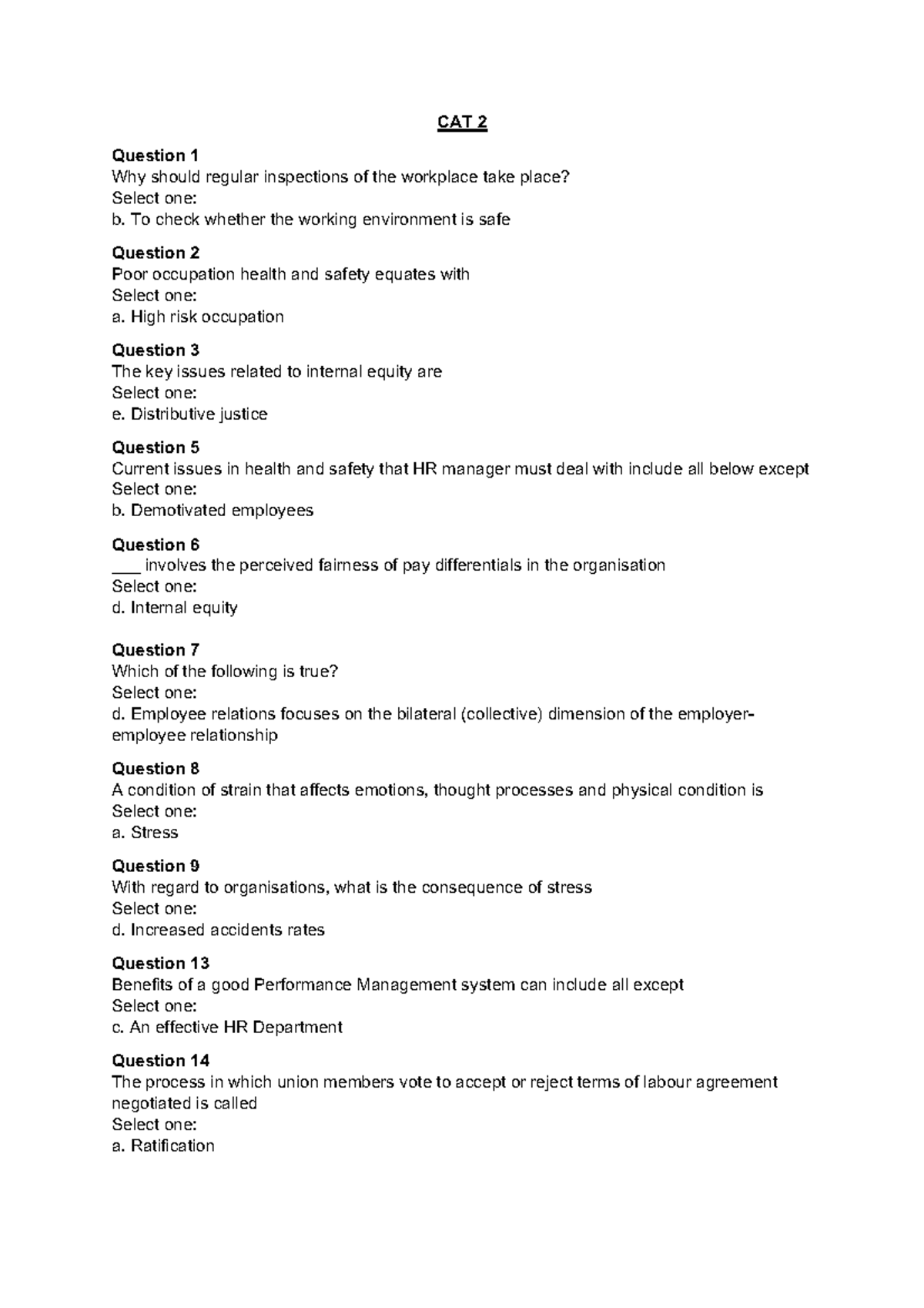DHR 501 Continuous Assessment Test: Workplace Safety & Performance ...