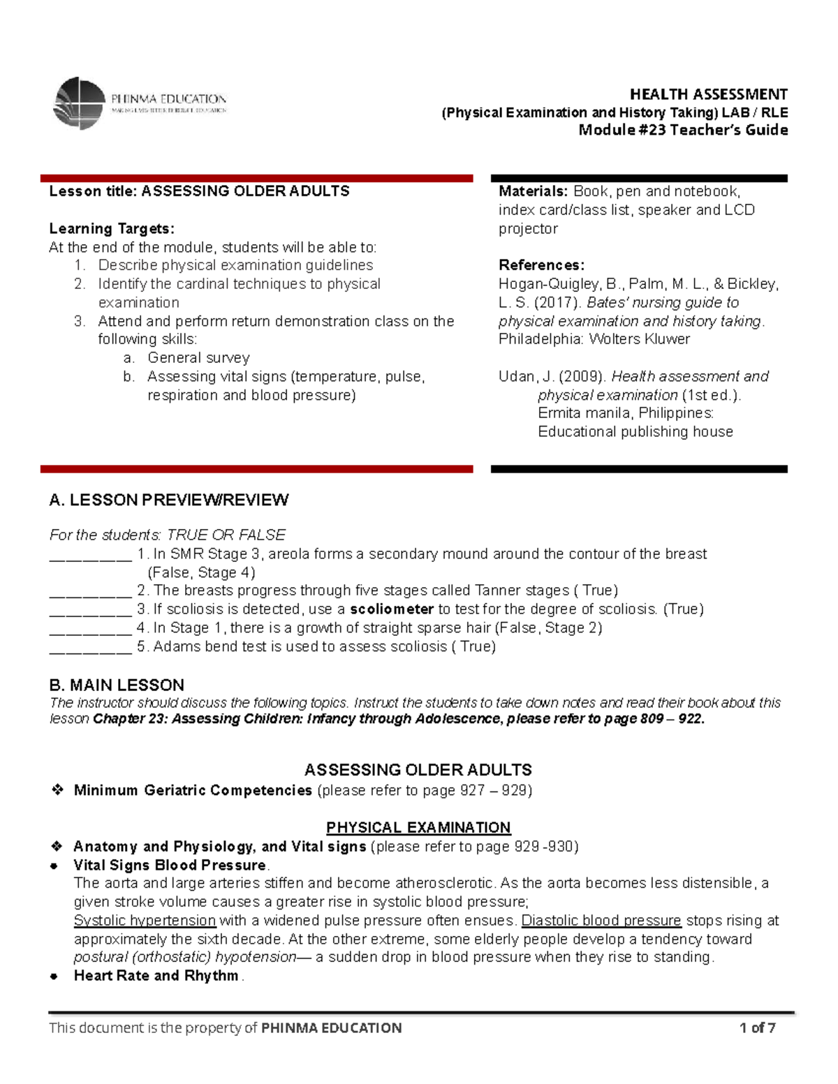 HEALTH ASSESSMENT LAB RLE Module Guide: Assessing Older Adults - Studocu