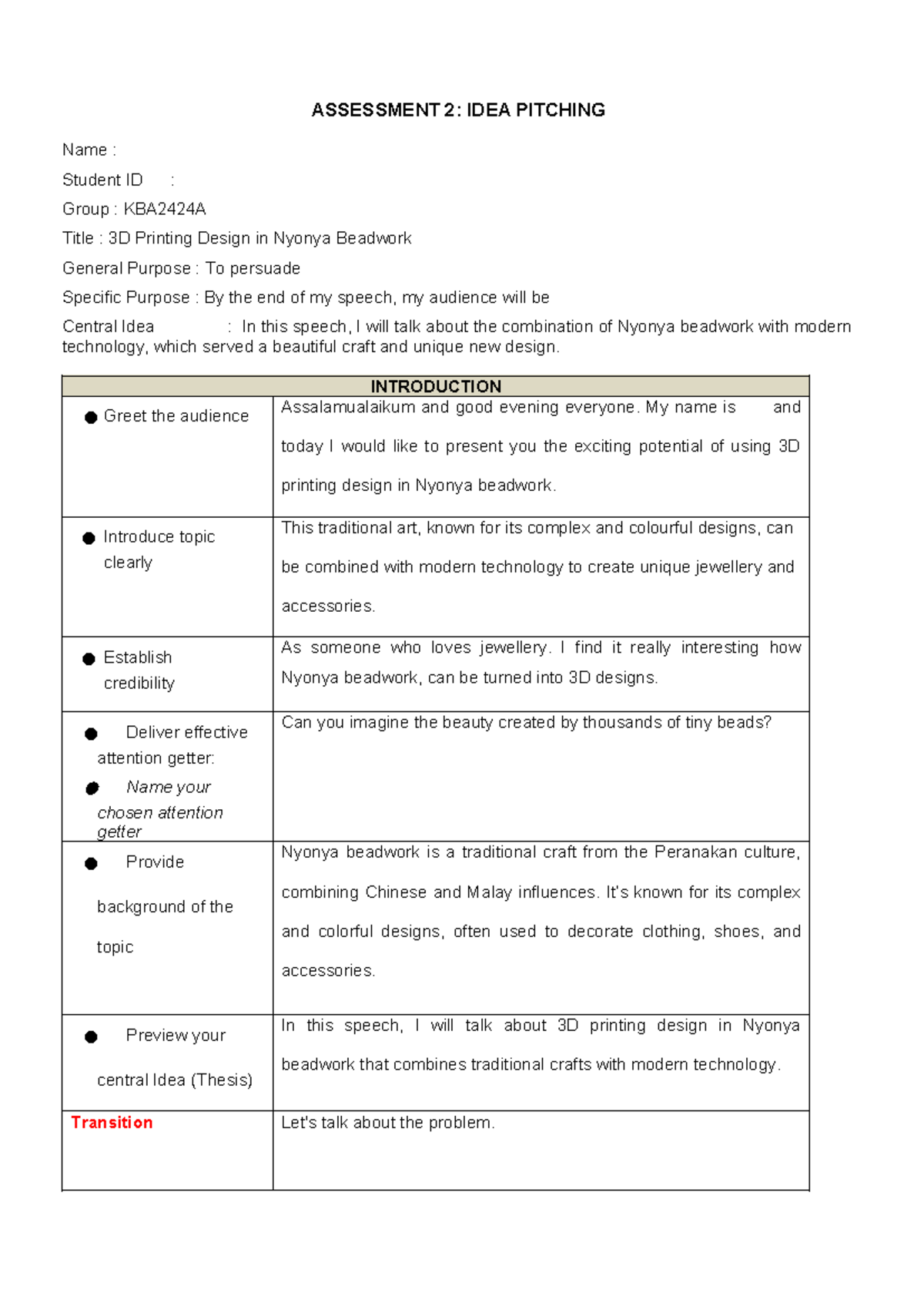 KBA2424A: 3D Printing in Nyonya Beadwork - Idea Pitching Script - Studocu
