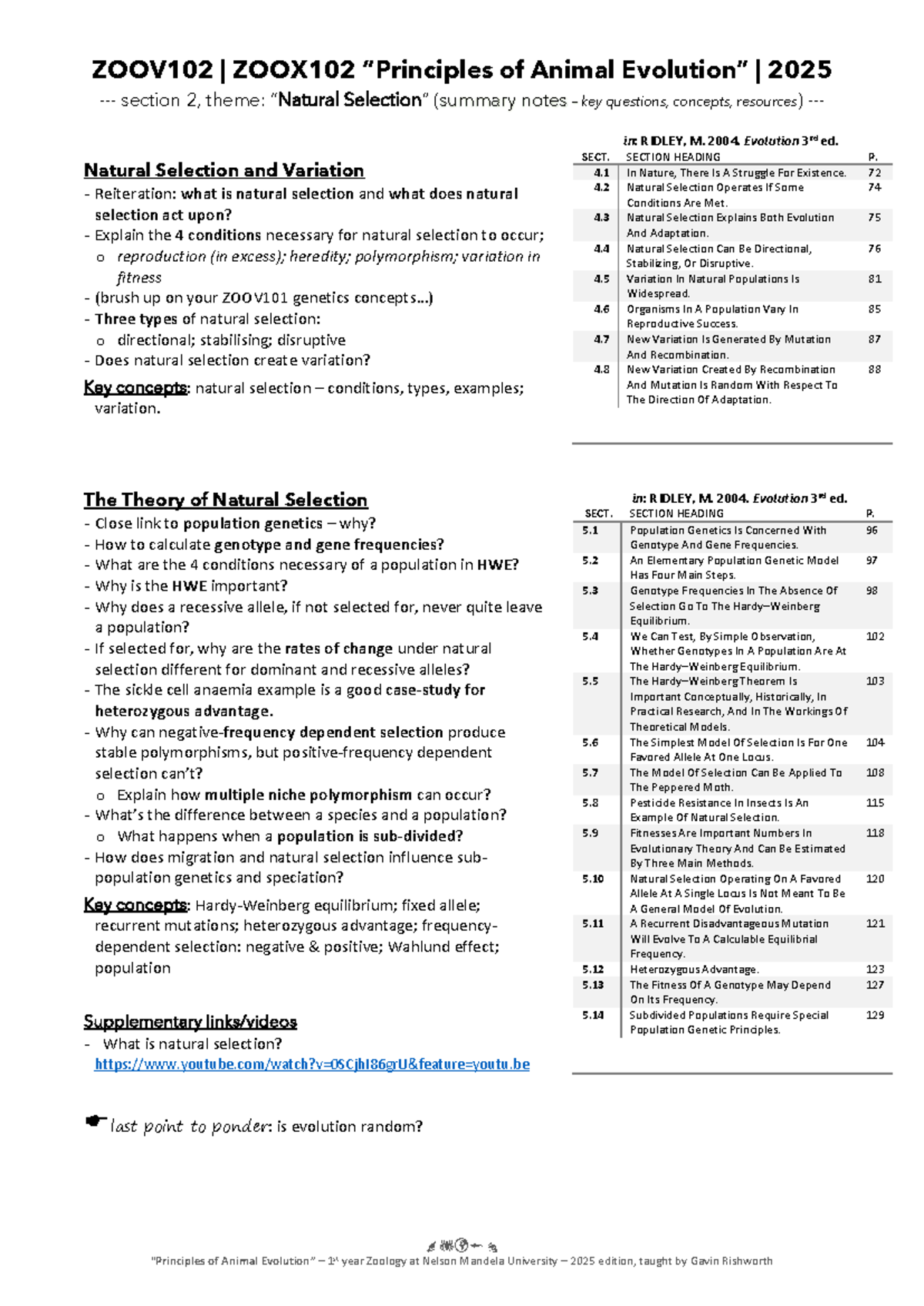ZOOV102 ZOOX102 Lecture Summary: Natural Selection Insights 2025 - Studocu