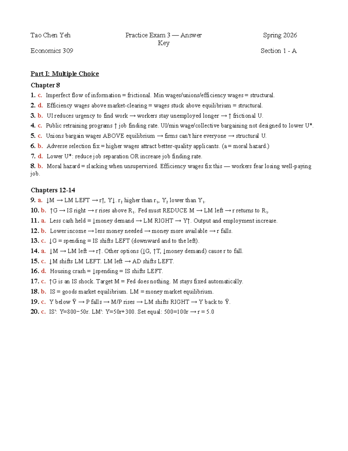 Economics 309 Practice Exam 3 Answer Key - Spring 2026 - Studocu