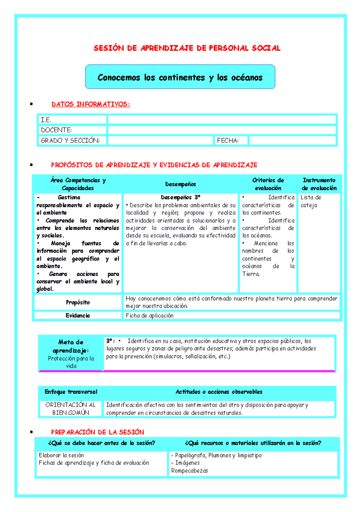 3ra Sesión: Conociendo los Continentes y Océanos en Personal Social - Document Preview