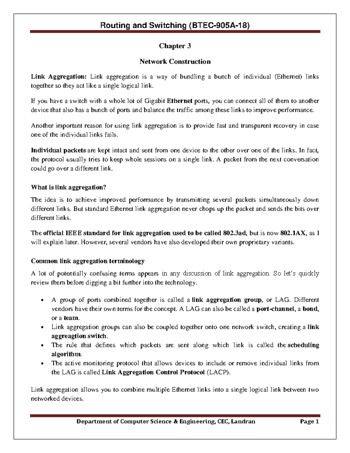 UNIT-3 RS 7TH SEM CSE - Network Construction Notes on Link Aggregation ...