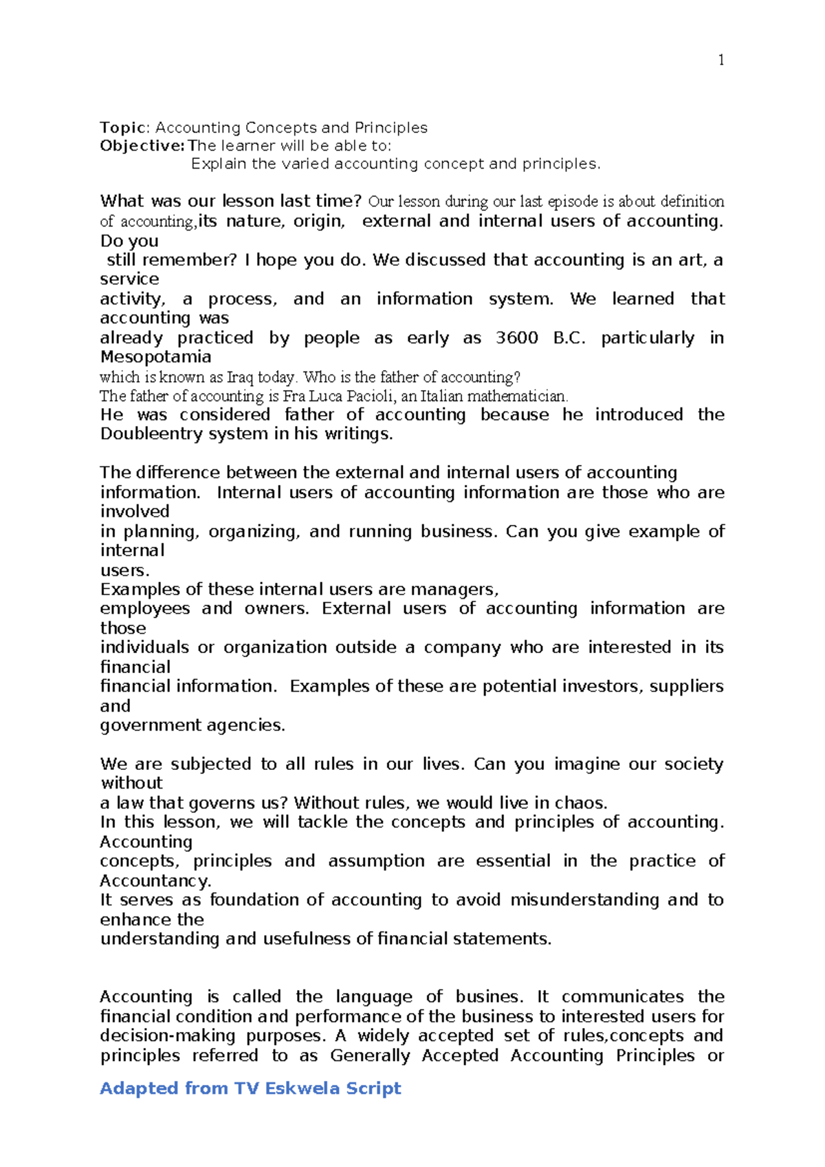 Accounting Concepts and Principles Overview - ACCT 101 Lecture Notes ...