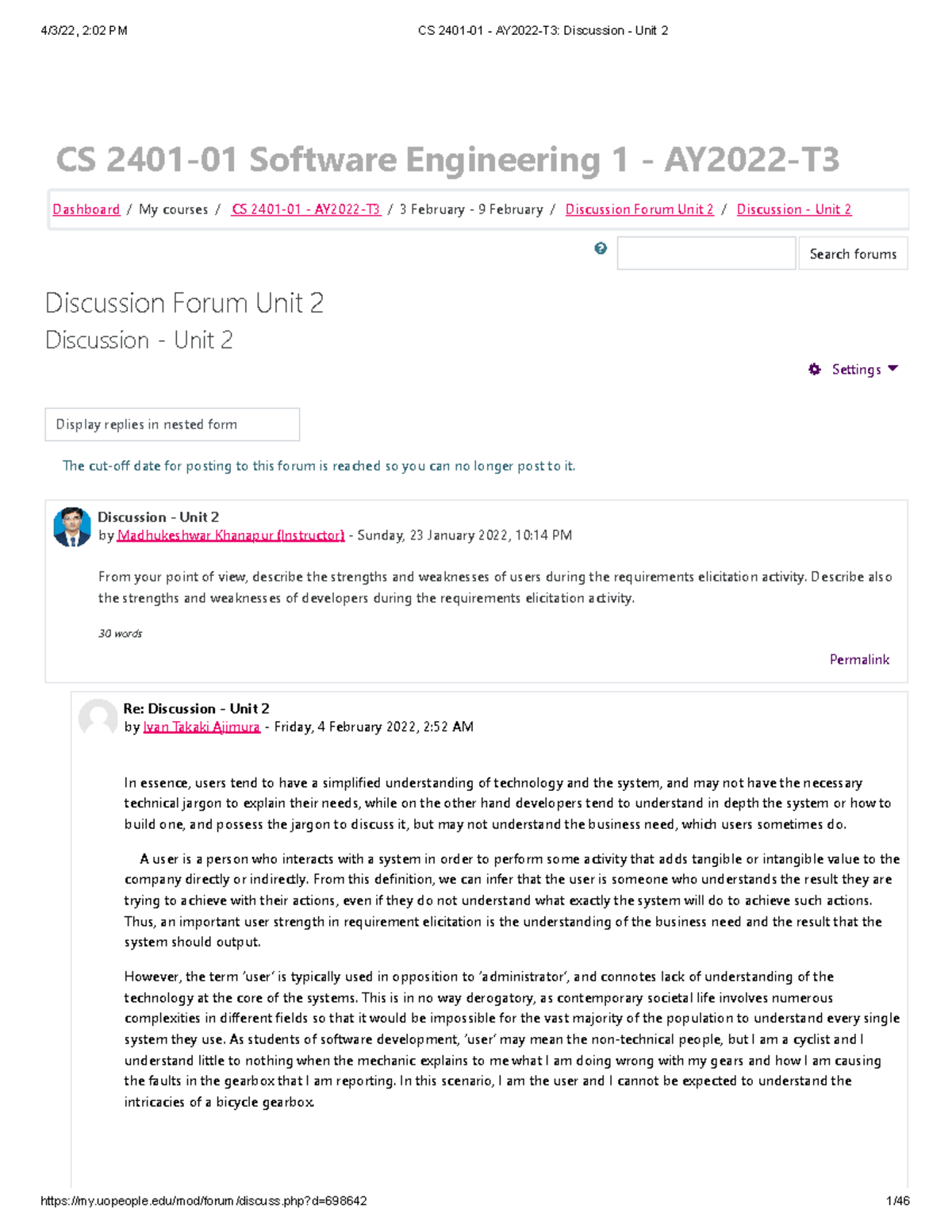 CS 2401-01 - AY2022-T3 Discussion - Unit 2 - CS 2401-01 Software ...