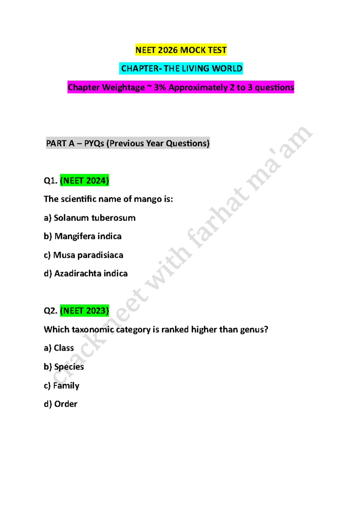 NEET 2026 MOCK TEST: The Living World Chapter Weightage & PYQs - Studocu