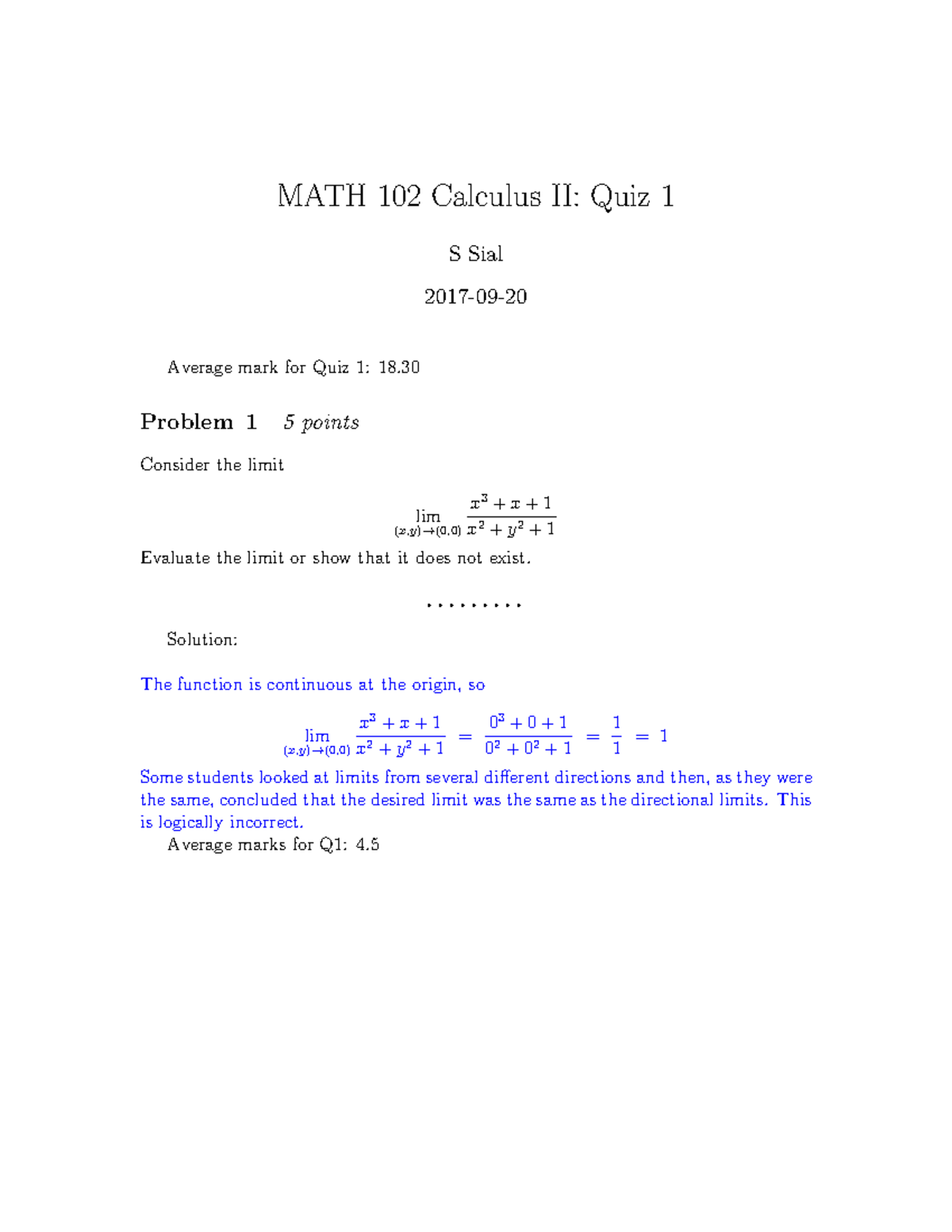 Q01 - exams - MATH 102 Calculus II: Quiz 1 S Sial 2017-09- Average mark ...