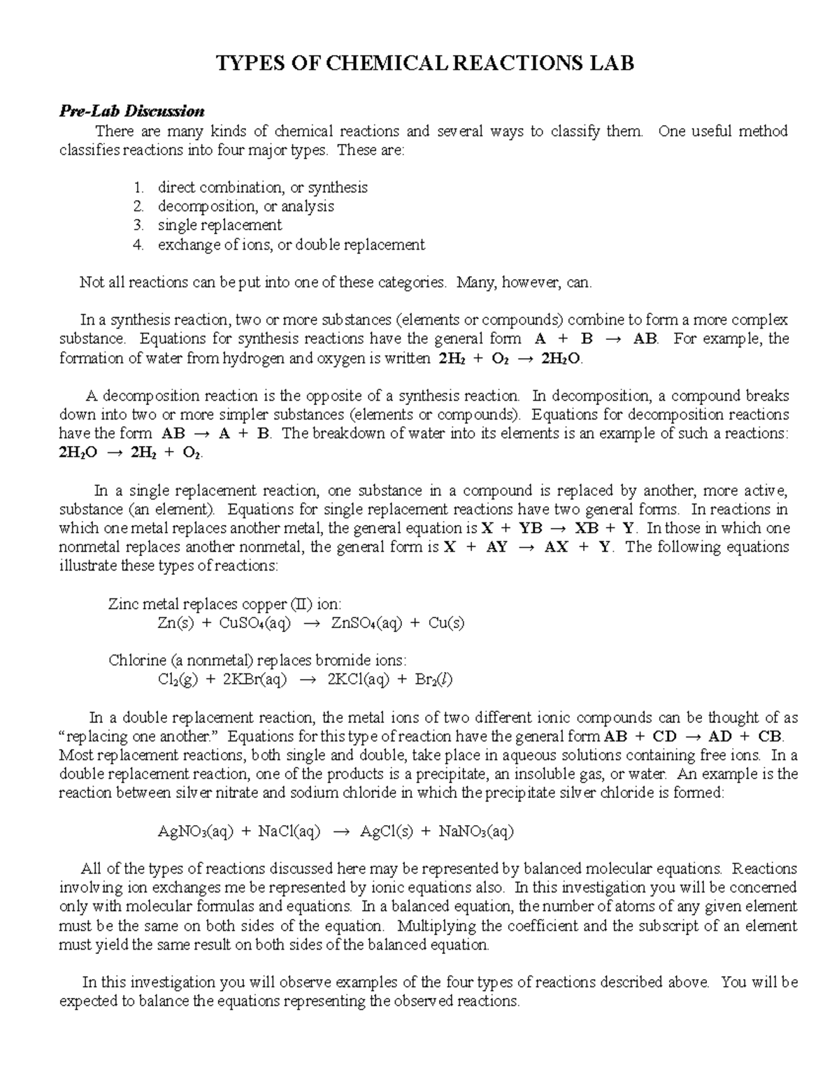 Types of Chemical Reactions Lab Report for Chem 101 - Studocu