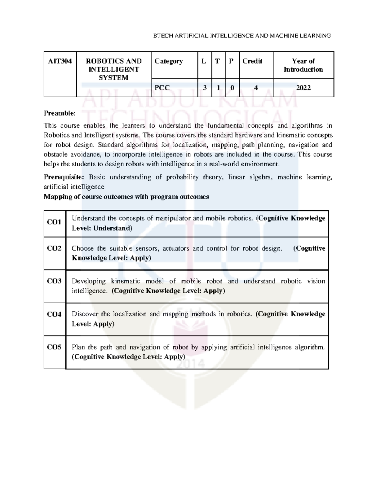 AIT304 Robotics and Intelligent Systems Syllabus Overview - Studocu