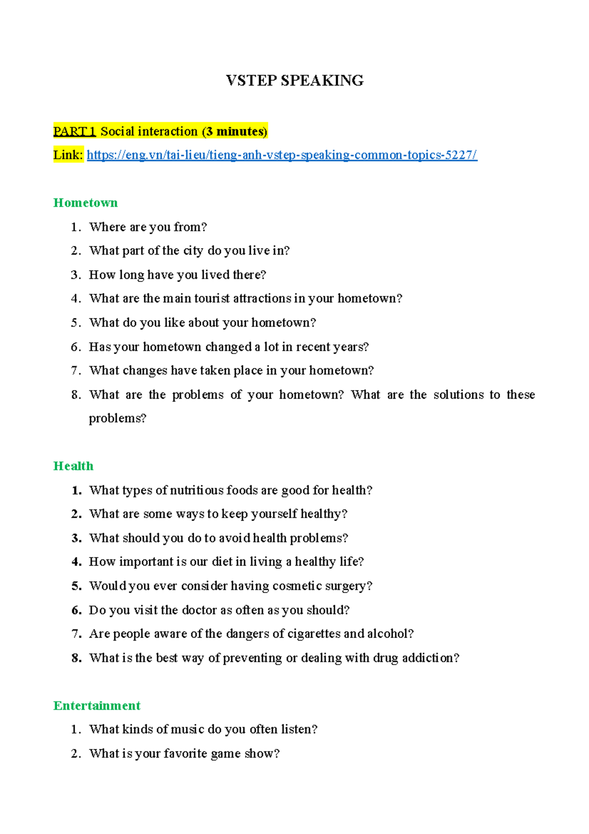 VSTEP Speaking Guide: Essential Topics and Sample Answers - Studocu