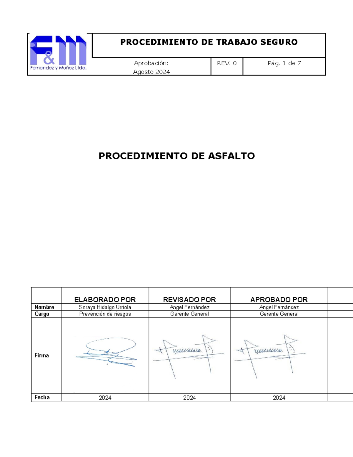 Procedimiento de Trabajo Seguro en Asfalto - PTS 2024 - Document Preview