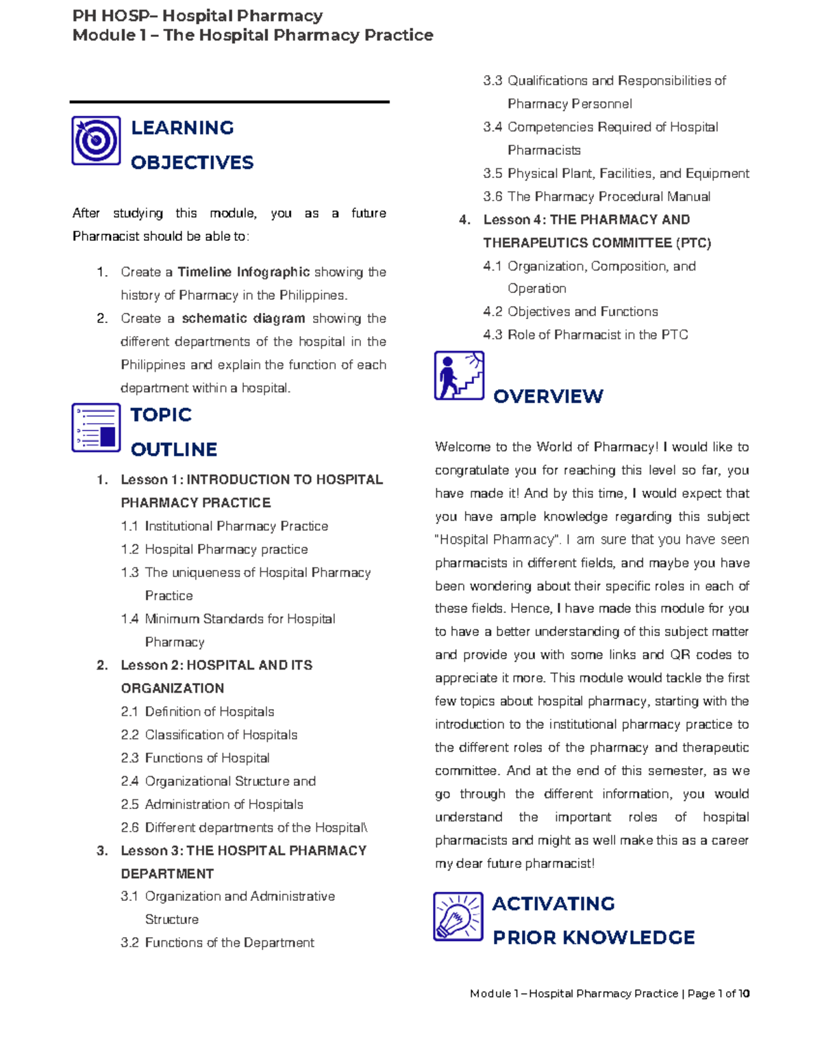 PH HOSP – Hospital Pharmacy I Lec Module 1: Overview of Hospital ...