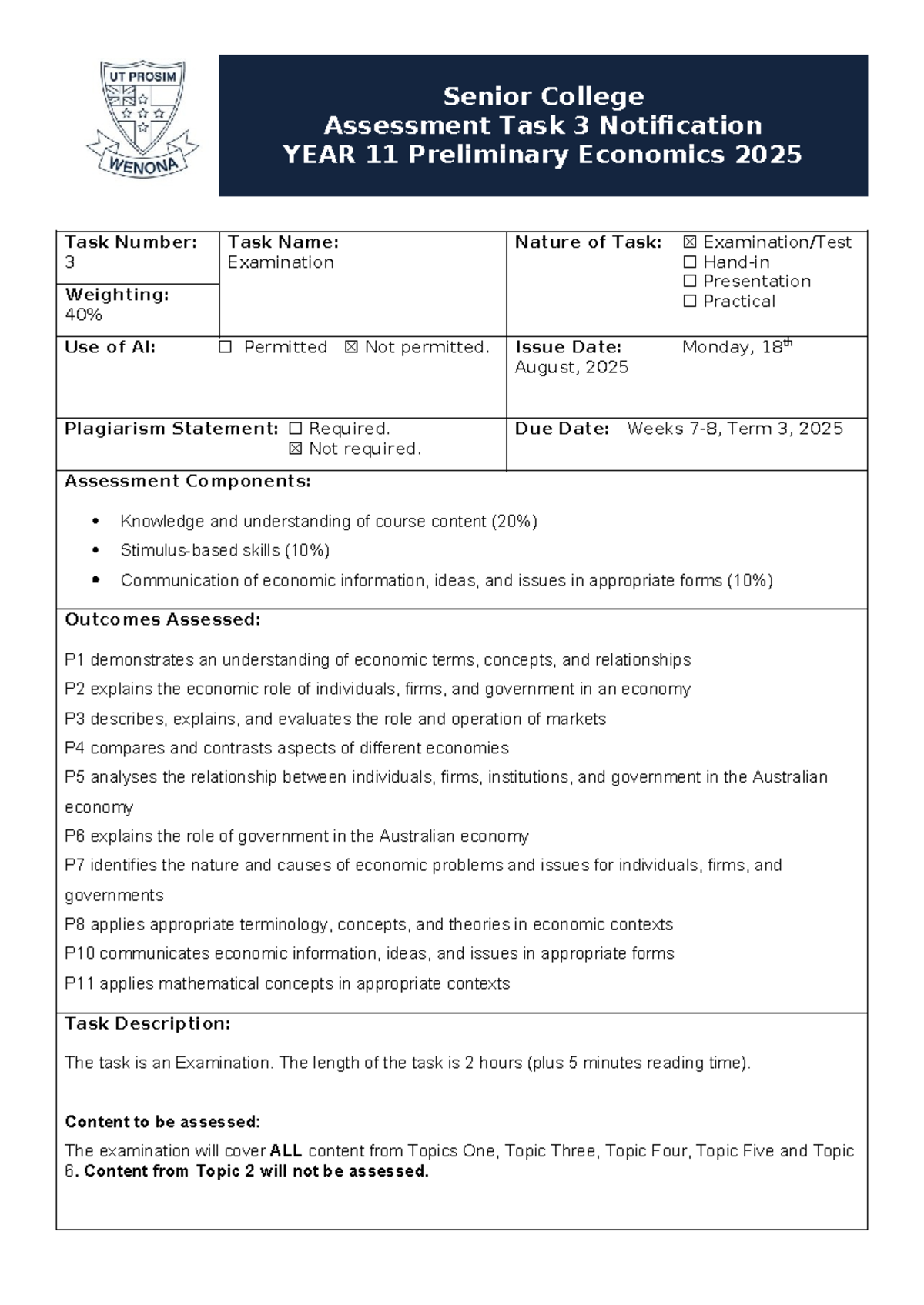 YEAR 11 Preliminary Economics Task 3: Examination Notification 2025 ...