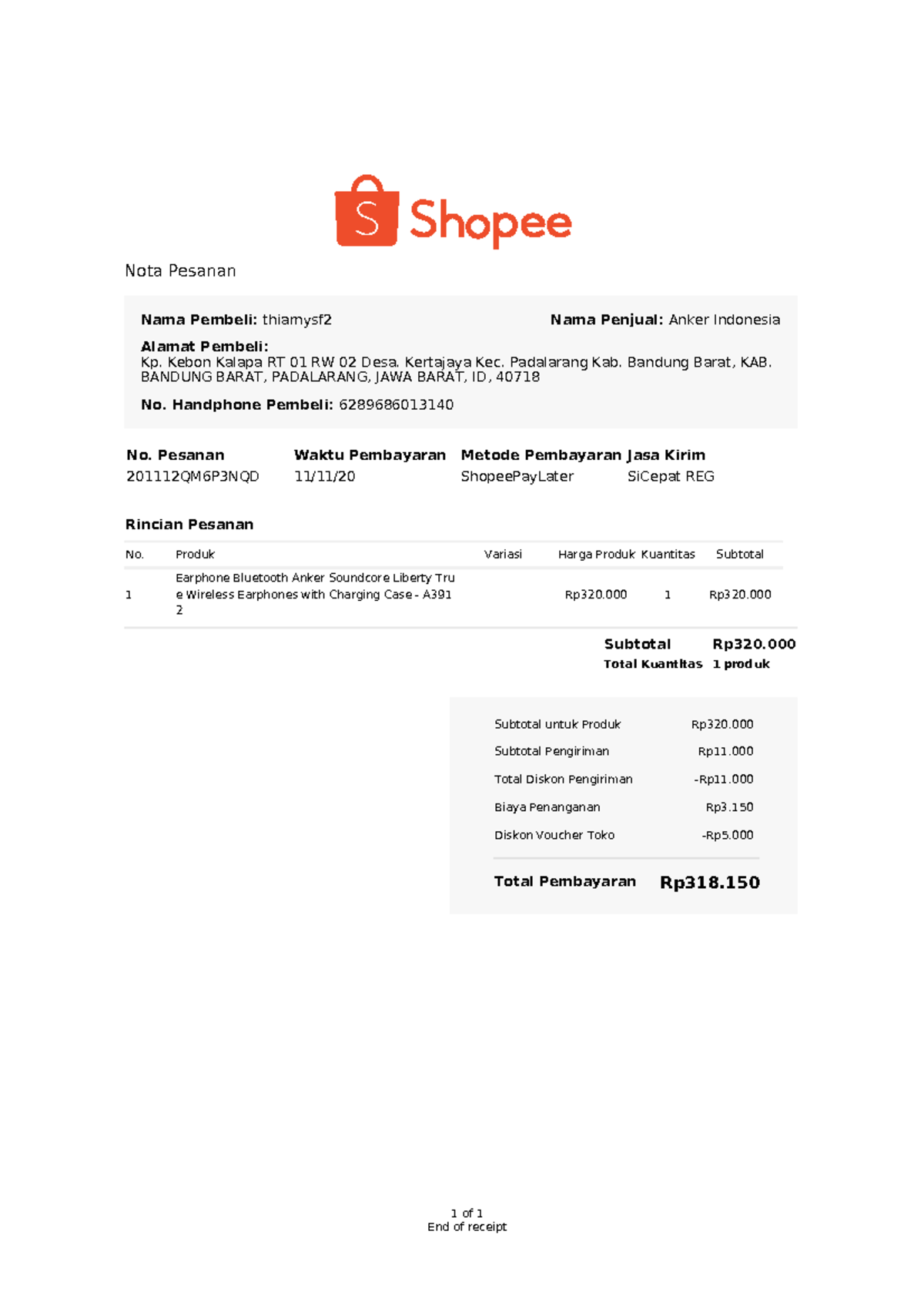 Nota Pesanan 2011 12 QM6P3NQD - Anker Indonesia Purchase Receipt - Studocu