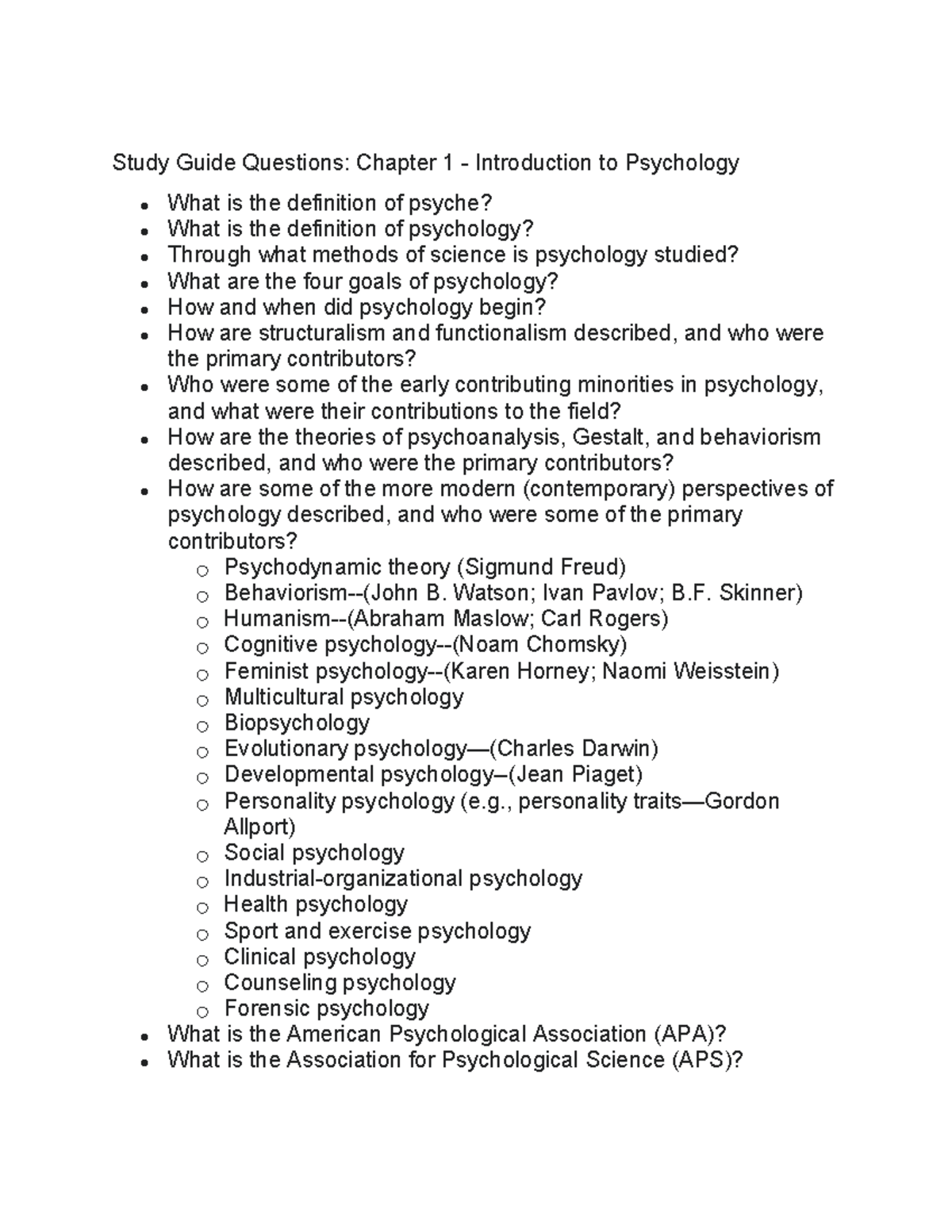 Study Guide Questions: Intro to Psychology (PSY 101) Chapters 1-5 - Studocu