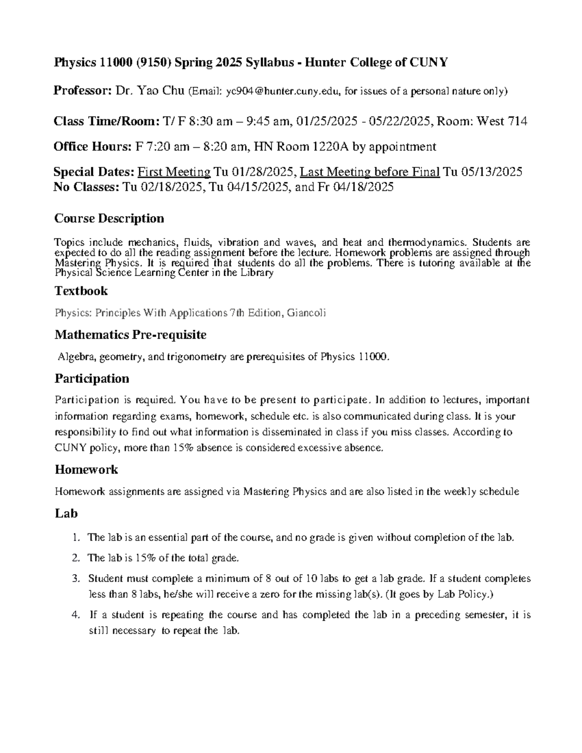 Physics 11000 Syllabus - Spring 2025 by Dr. Yao Chu - Studocu