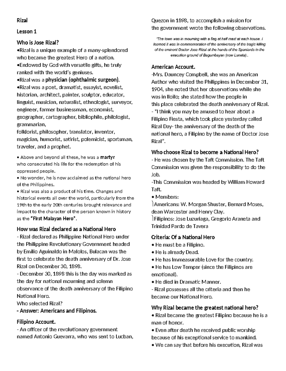 Rizal Prelims - Rizal Lesson 1 Who is Jose Rizal? •Rizal is a unique ...