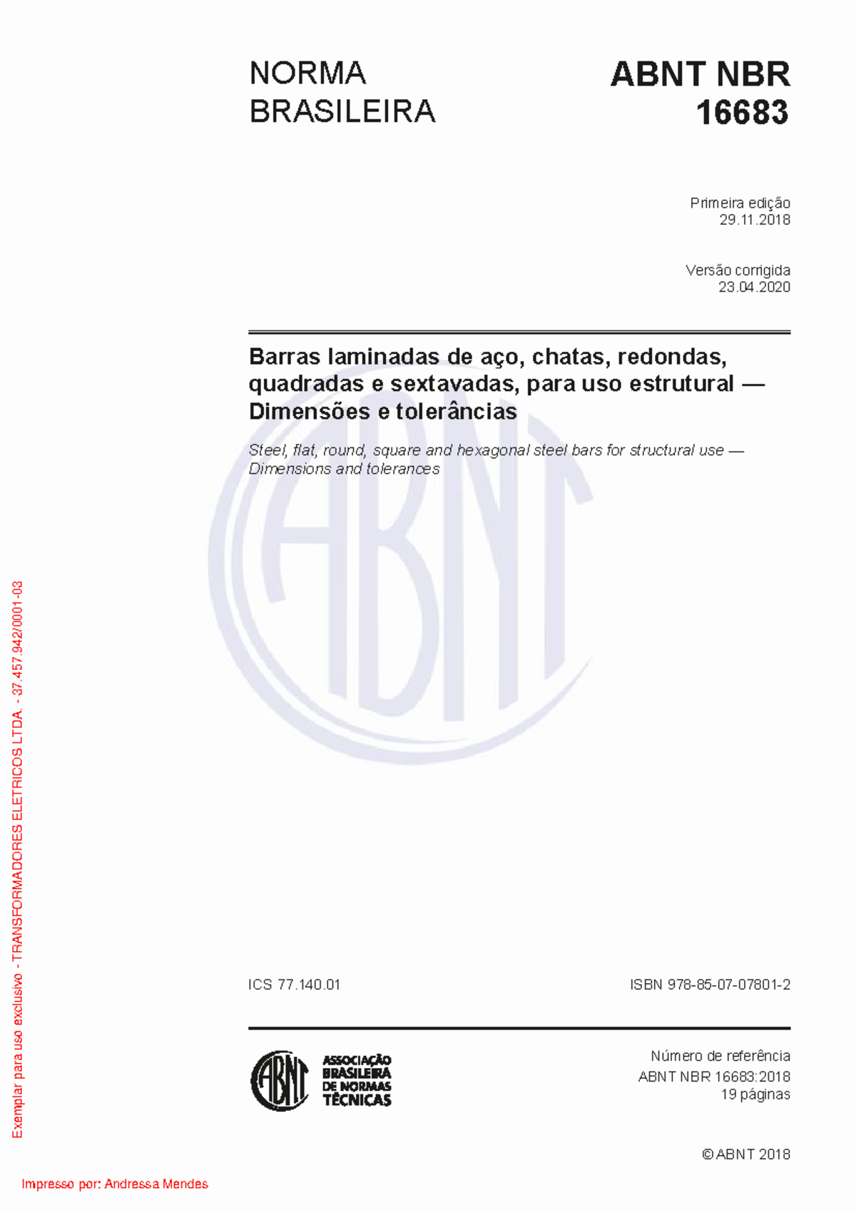 ABNT NBR 16683:2018 - Dimensões e Tolerâncias de Barras de Aço - Studocu