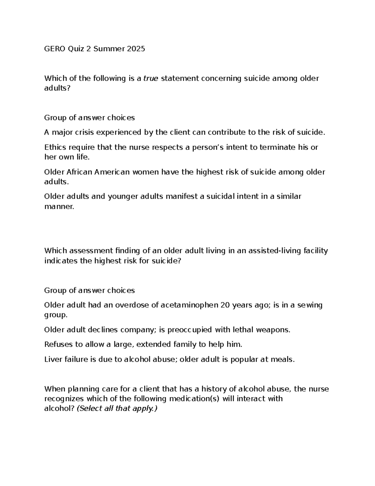 GERO 2025 Quiz 2: Key Concepts on Aging and Health Risks - Studocu