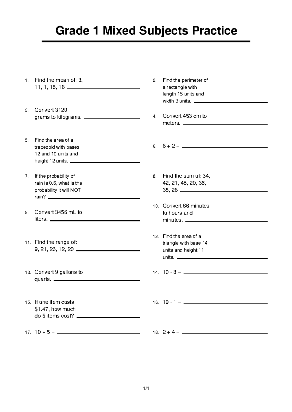 Grade 1 Mixed Subjects Practice 3: Math Problems & Solutions - Studocu