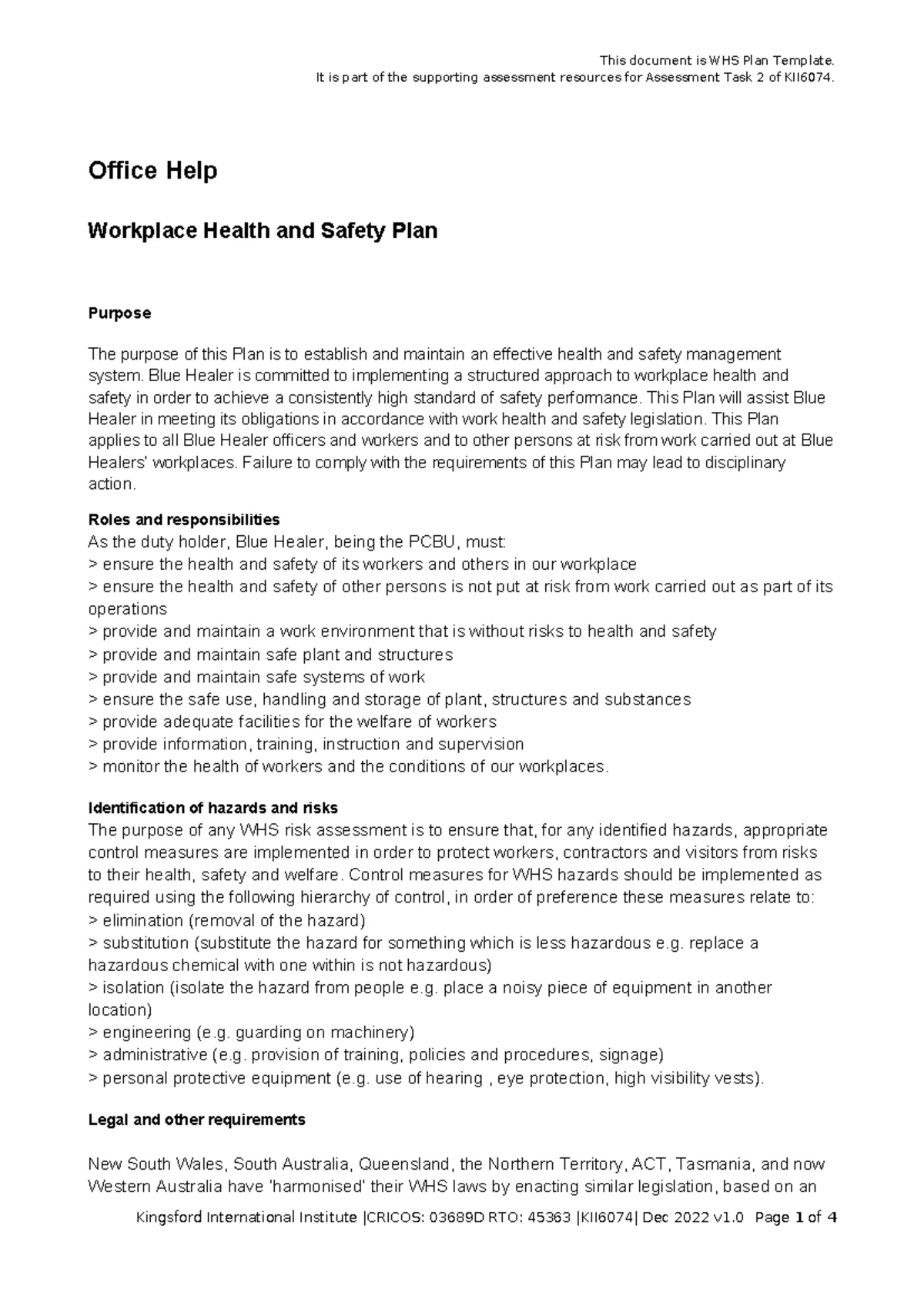Third Draft WHS Policy & Procedures Template for KII6074 Assessment ...