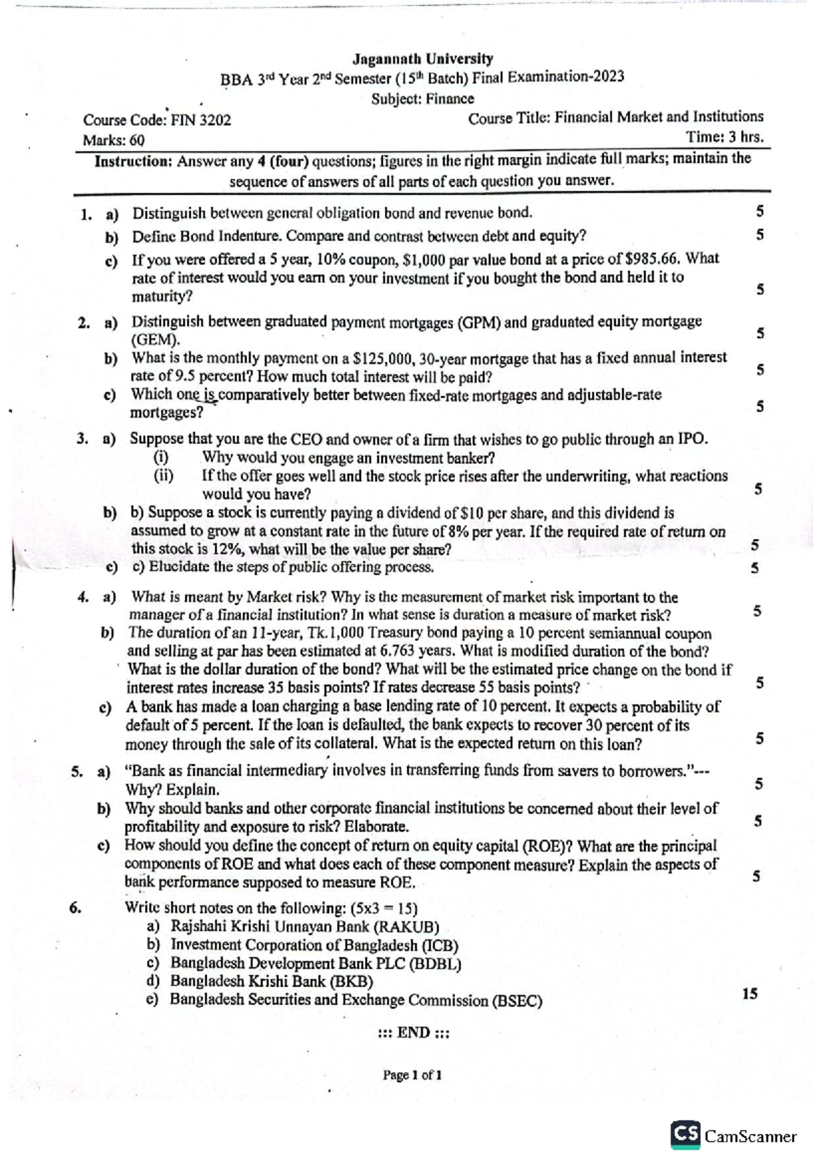 Jagannath University BBA 3rd Year 2nd Semester Final Exam: Finance (FIN ...