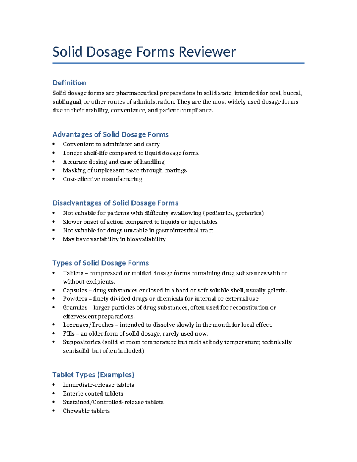 Solid Dosage Forms Review: Definitions, Types & Advantages - Studocu