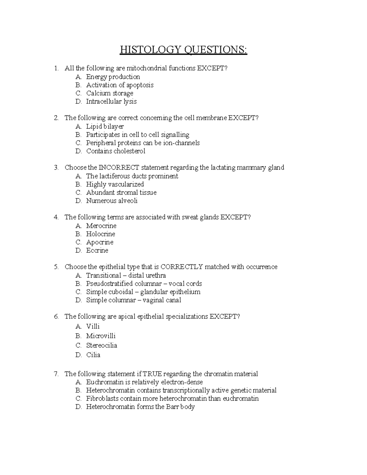 HISTO 101: Quick Revision Questions for Histology Exams - Studocu