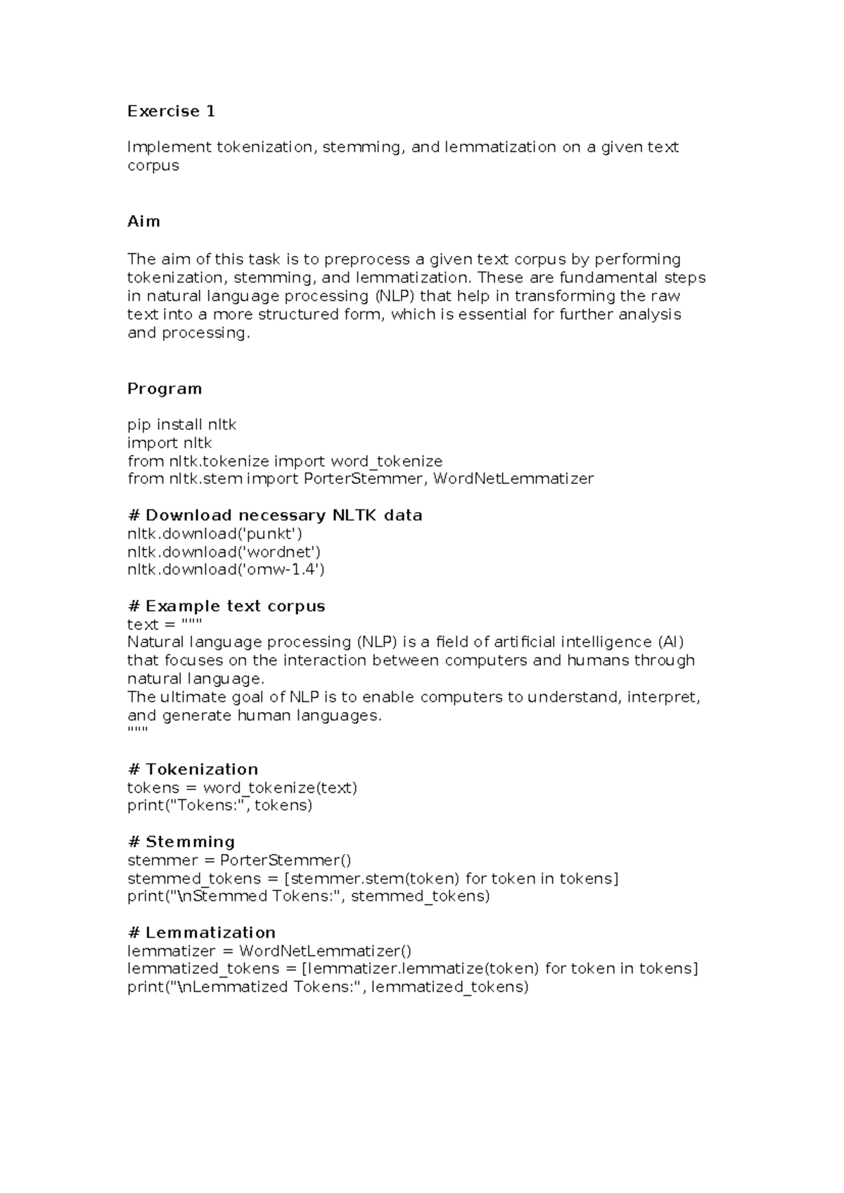 Lab - NLP Exercises on Tokenization, Stemming, and More - Studocu