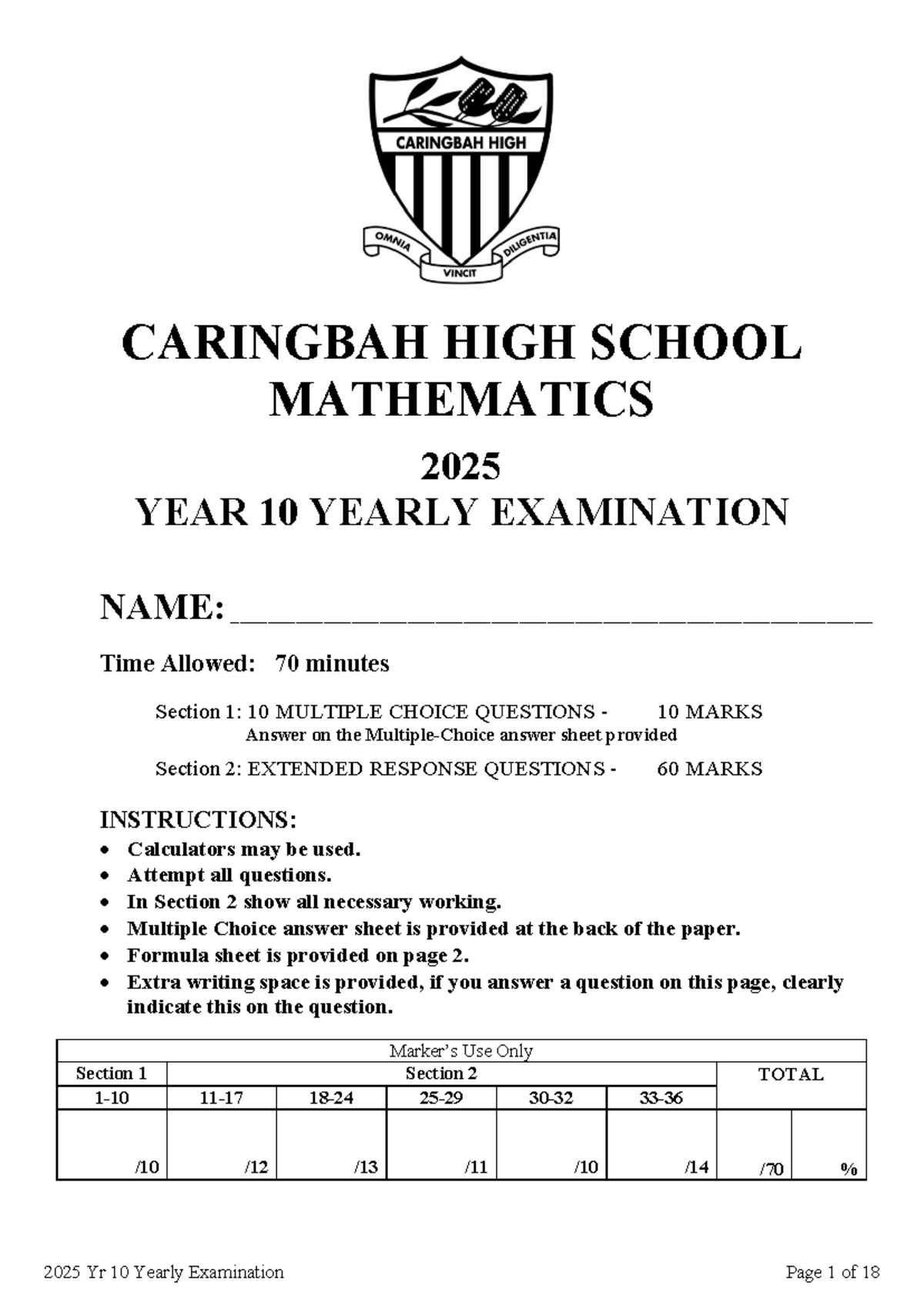 2025 Yr 10 Mathematics Yearly Examination Paper - Studocu