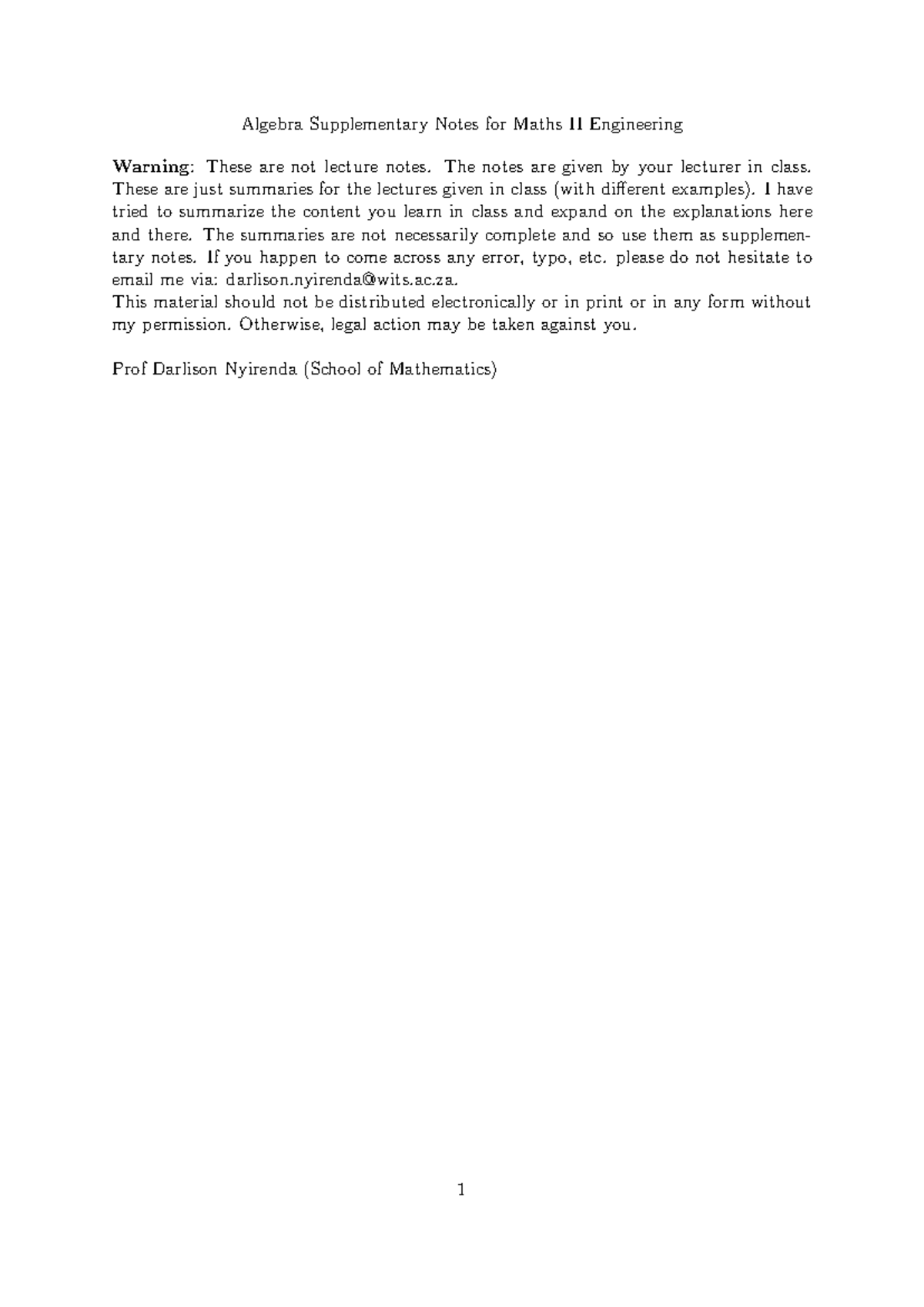 Chapter 1 Algebra Supplementary Notes for Maths II Engineering - Studocu