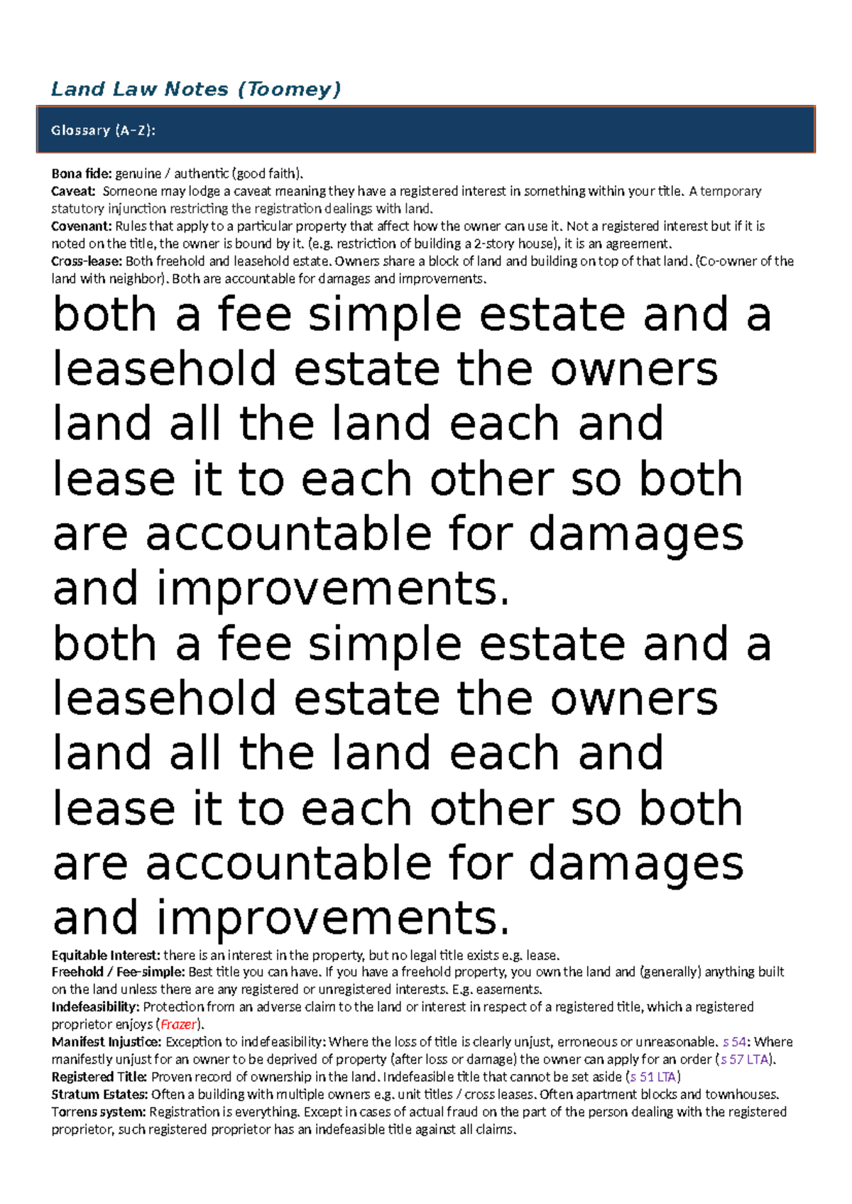 Land Law 205 (Toomey) Exam notes - Land Law Notes (Toomey) Glossary (A ...