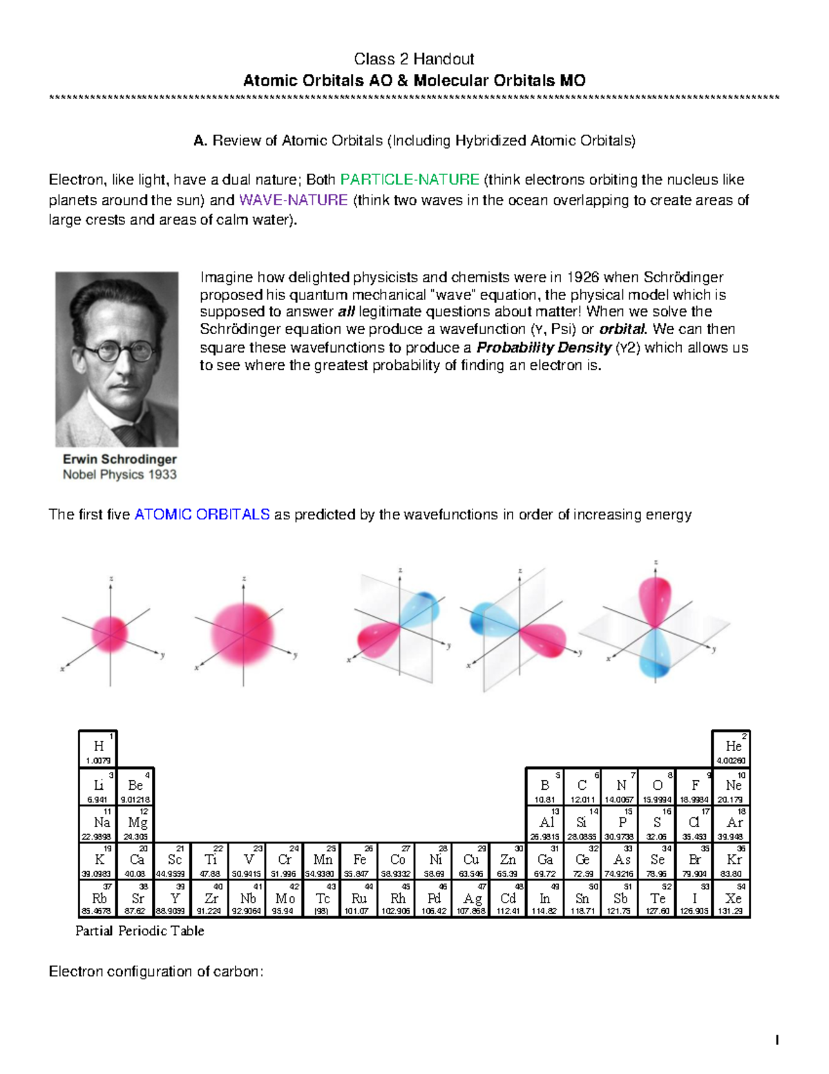 Class 2 Handout: Review of Atomic Orbitals (AO) & Intro to Molecular ...