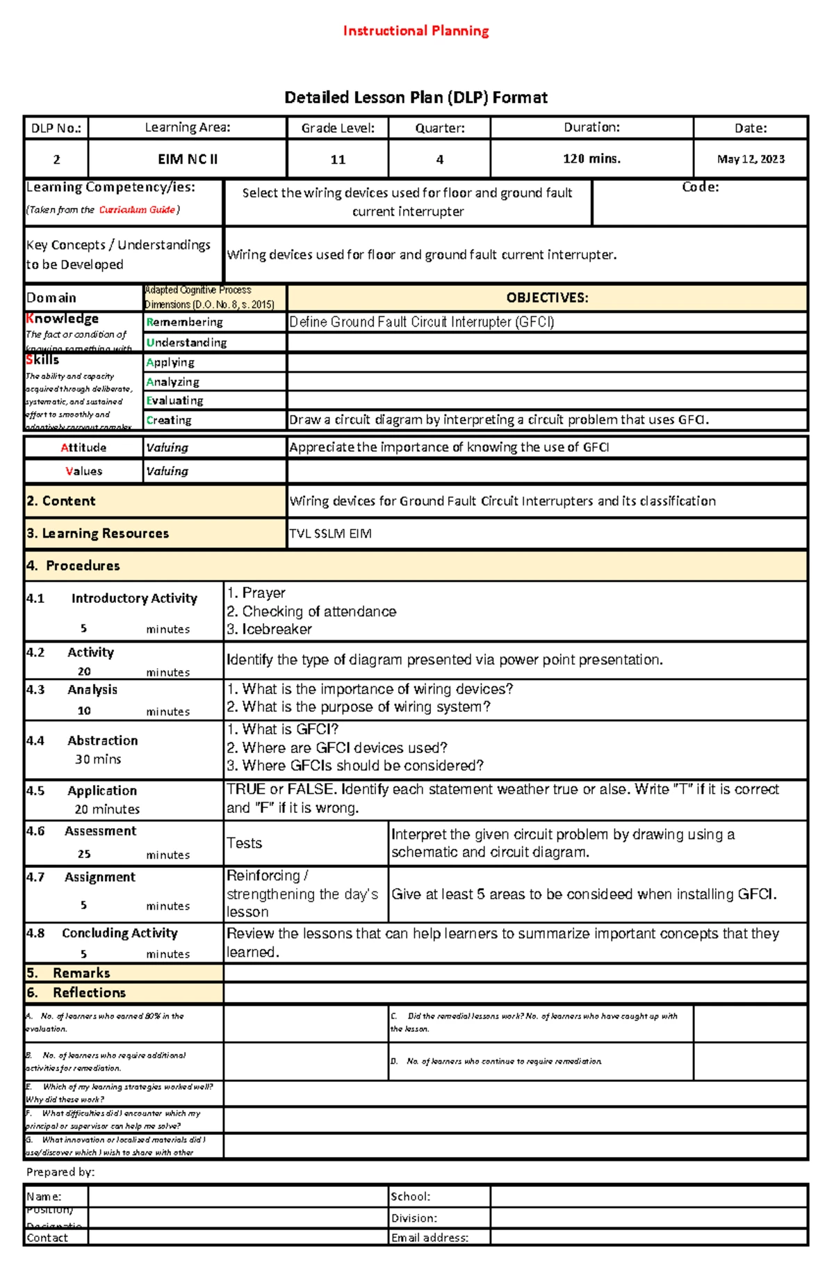 Daily Lesson Plan 3: EIM NC II - Quarter 4 Detailed Format - Studocu